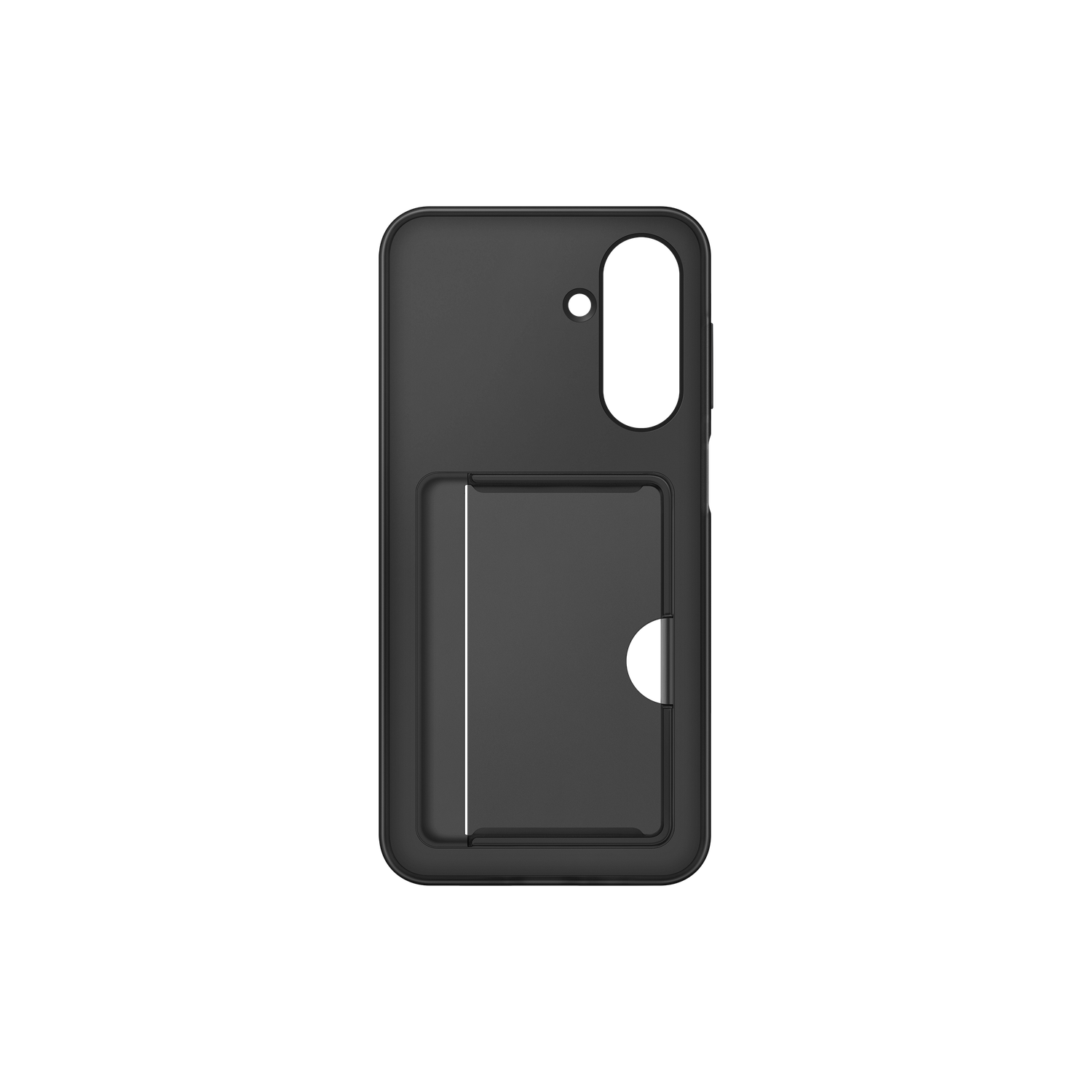 A black phone case with a card holder is centered. The phone case has a camera cutout and a slot for cards.
