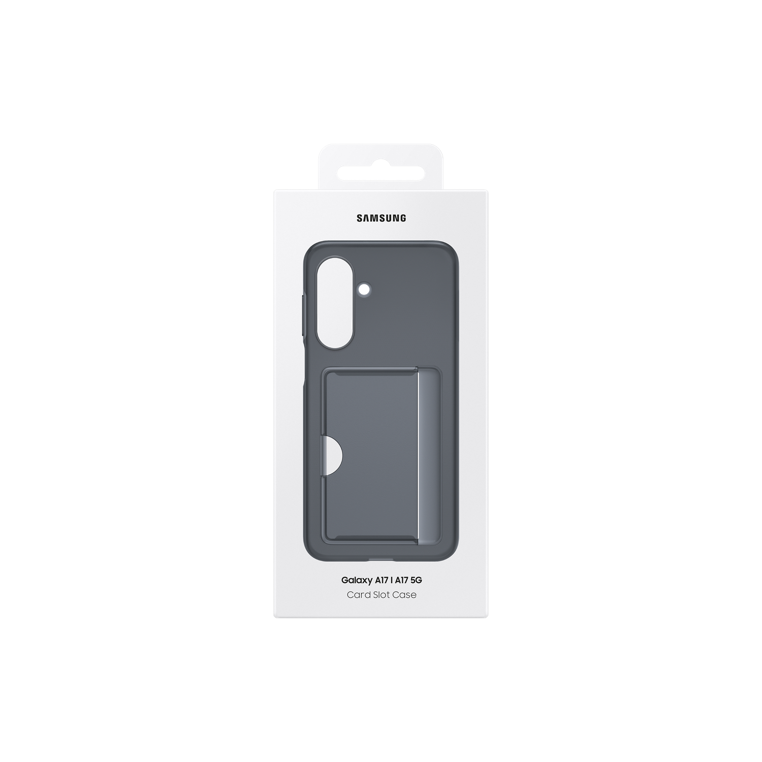 A Samsung phone case in a white box. The case is dark gray and has a card slot. The box has Samsung logo and product info.