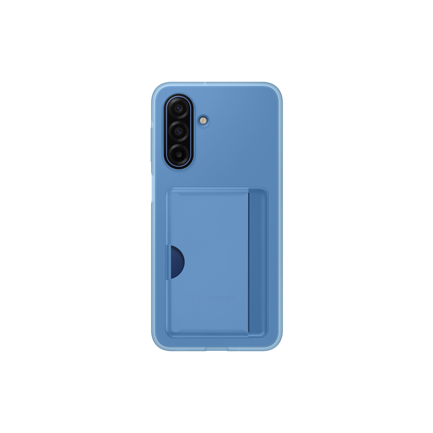 Blauwe telefoonhoes met een portemonnee-vak. Drie cameralenzen linksboven. De achtergrond is zwart.