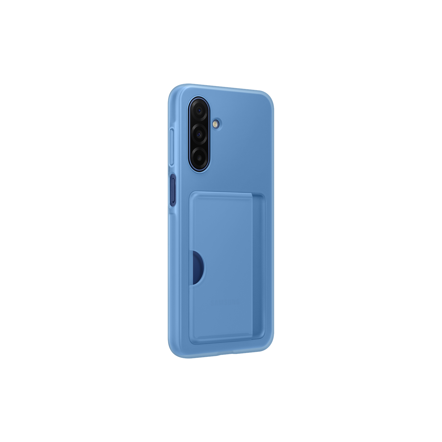 Een blauwe telefoonhoes met kaarthouder. Het heeft een cameradrempel en staat tegen een zwarte achtergrond, onder een hoek.