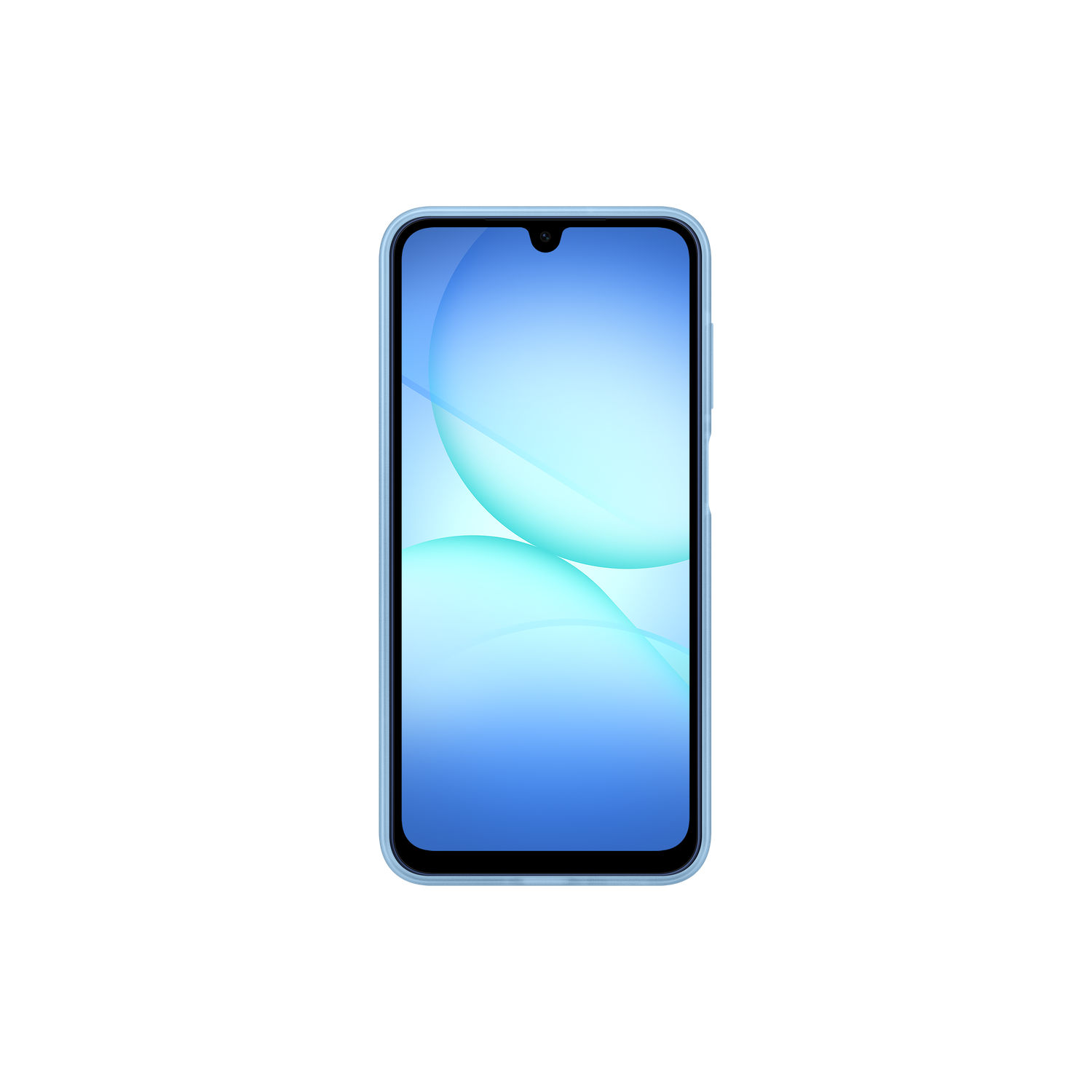 Een lichtblauwe smartphone met een blauwe gradiënt achtergrond, op een zwarte achtergrond. Het scherm toont twee overlappende cirkels.
