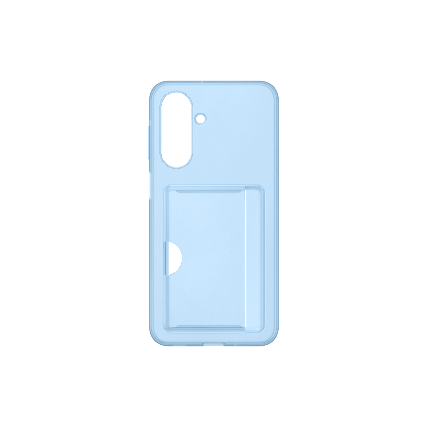 Een lichtblauwe telefoonhoes met een kaartsleuf. De hoes heeft openingen voor de camera en andere telefoonfuncties, tegen een zwarte achtergrond.