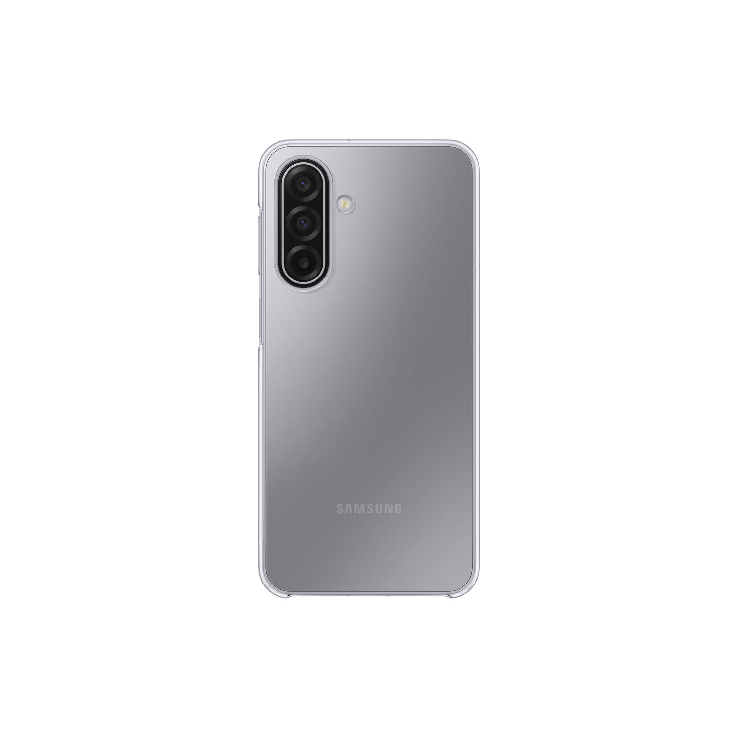 Un smartphone gris avec trois caméras arrière est affiché. Le logo Samsung est visible. Le téléphone est sur fond noir.