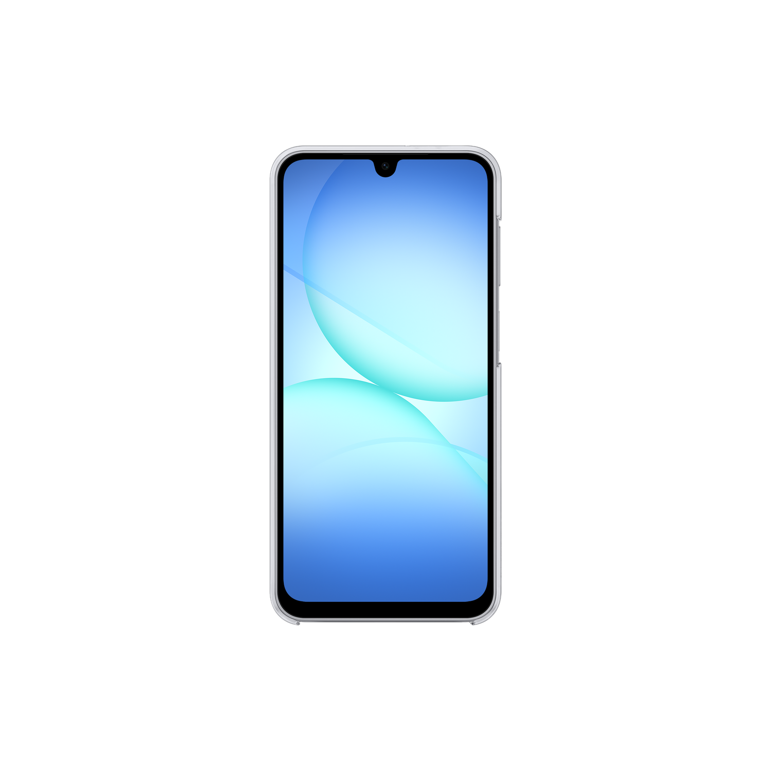 Un smartphone avec écran dégradé bleu et blanc sur fond noir.