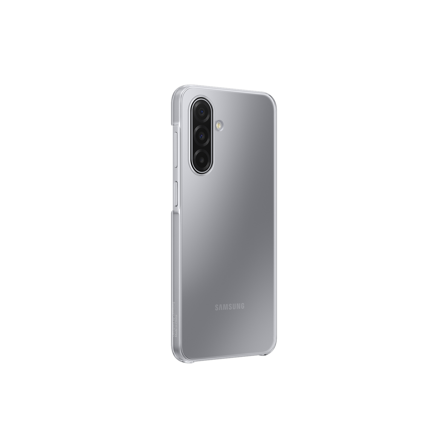 Un téléphone Samsung argenté dans une coque transparente sur fond noir. Le téléphone a plusieurs caméras.