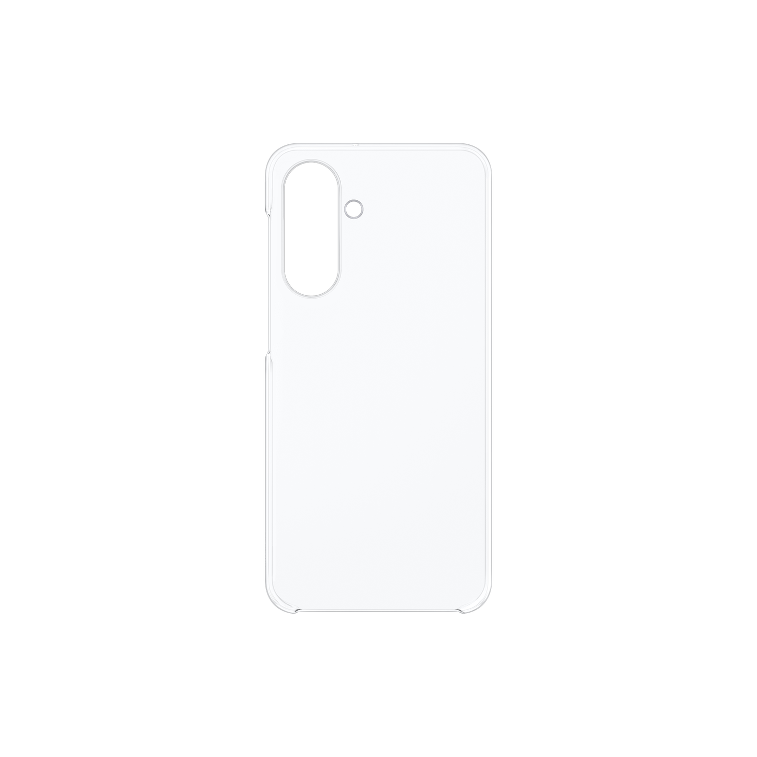 Une coque de téléphone blanche avec une découpe pour la caméra sur fond noir. La coque est rectangulaire avec des coins arrondis.