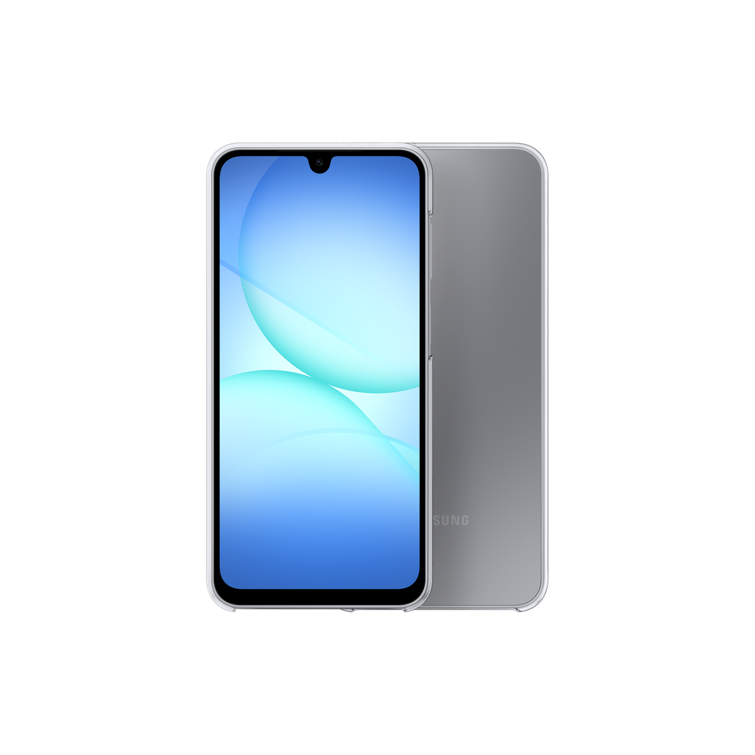 Un smartphone avec un écran dégradé bleu et blanc et un dos gris. Le téléphone est dans un étui transparent, et le fond est noir.