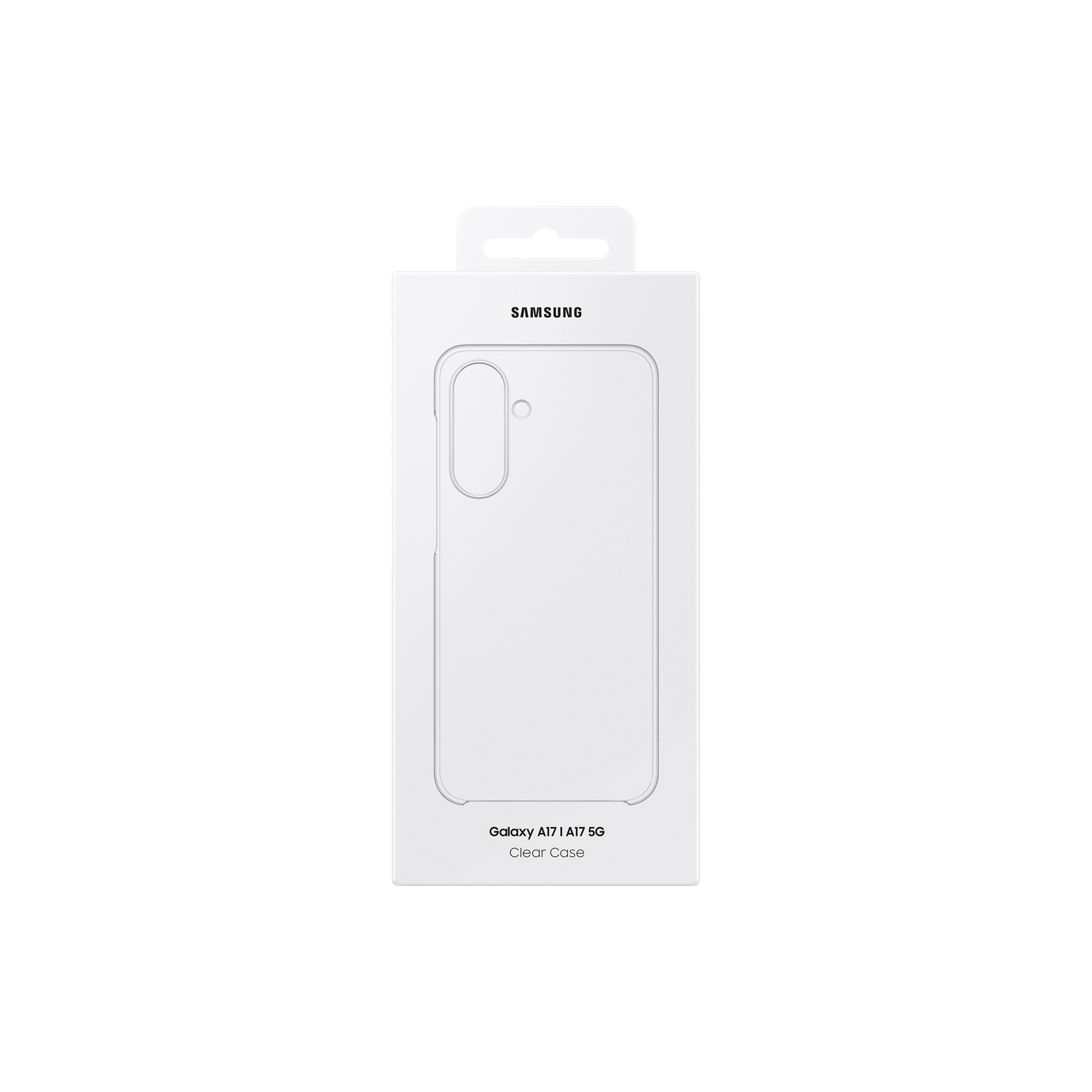 Une boîte blanche avec le logo Samsung. Elle contient une coque transparente pour un téléphone Galaxy A17 | A17 5G. Le fond est noir.