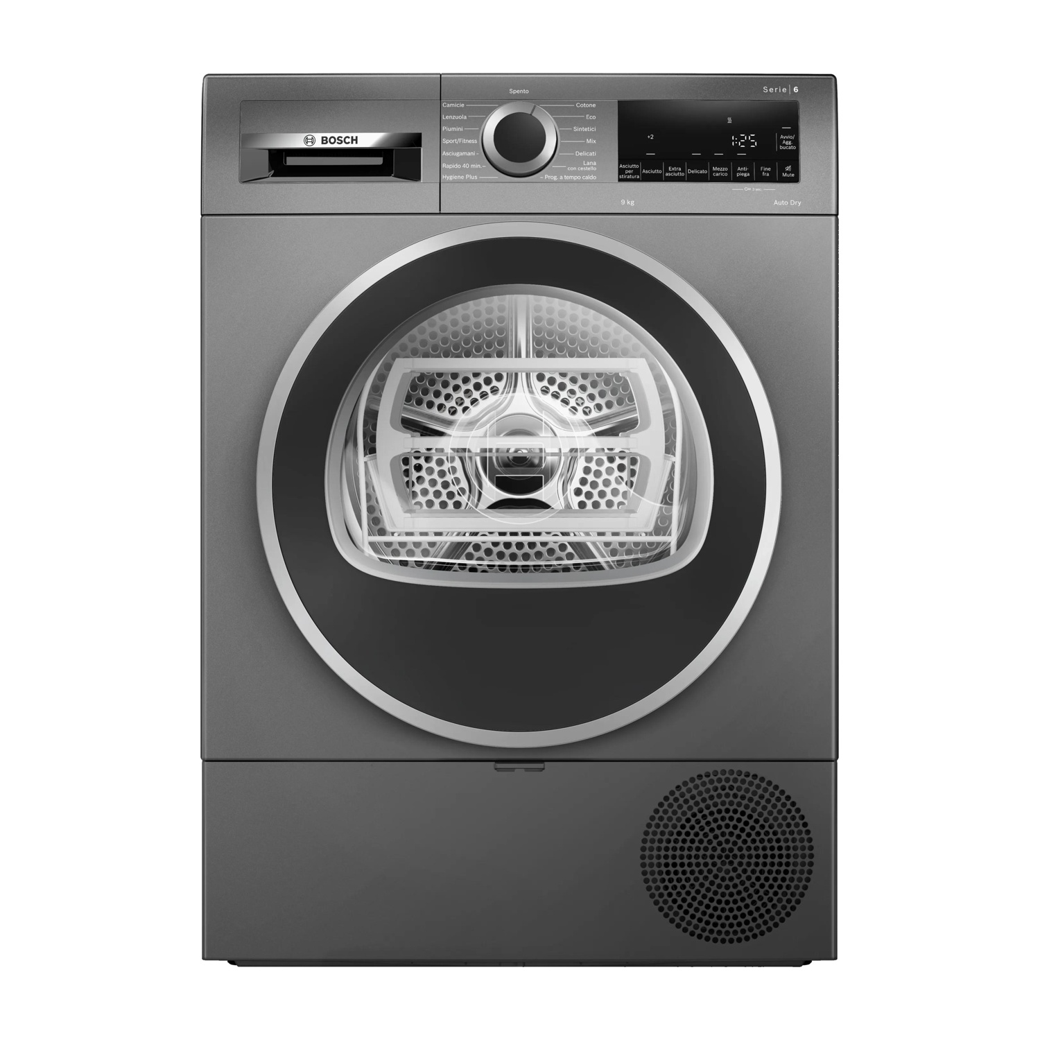 Un'asciugatrice Bosch grigia. Ha una porta rotonda, un pannello di controllo e un piccolo schermo che mostra l'ora.