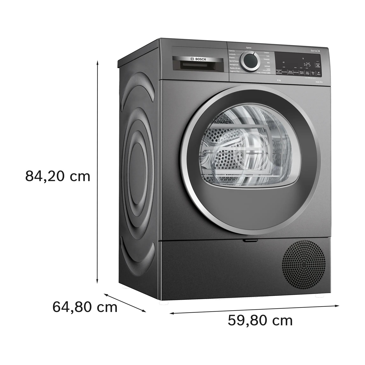 Asciugatrice Bosch grigio scuro. Dimensioni: 84,20 cm altezza, 64,80 cm larghezza, 59,80 cm profondità.