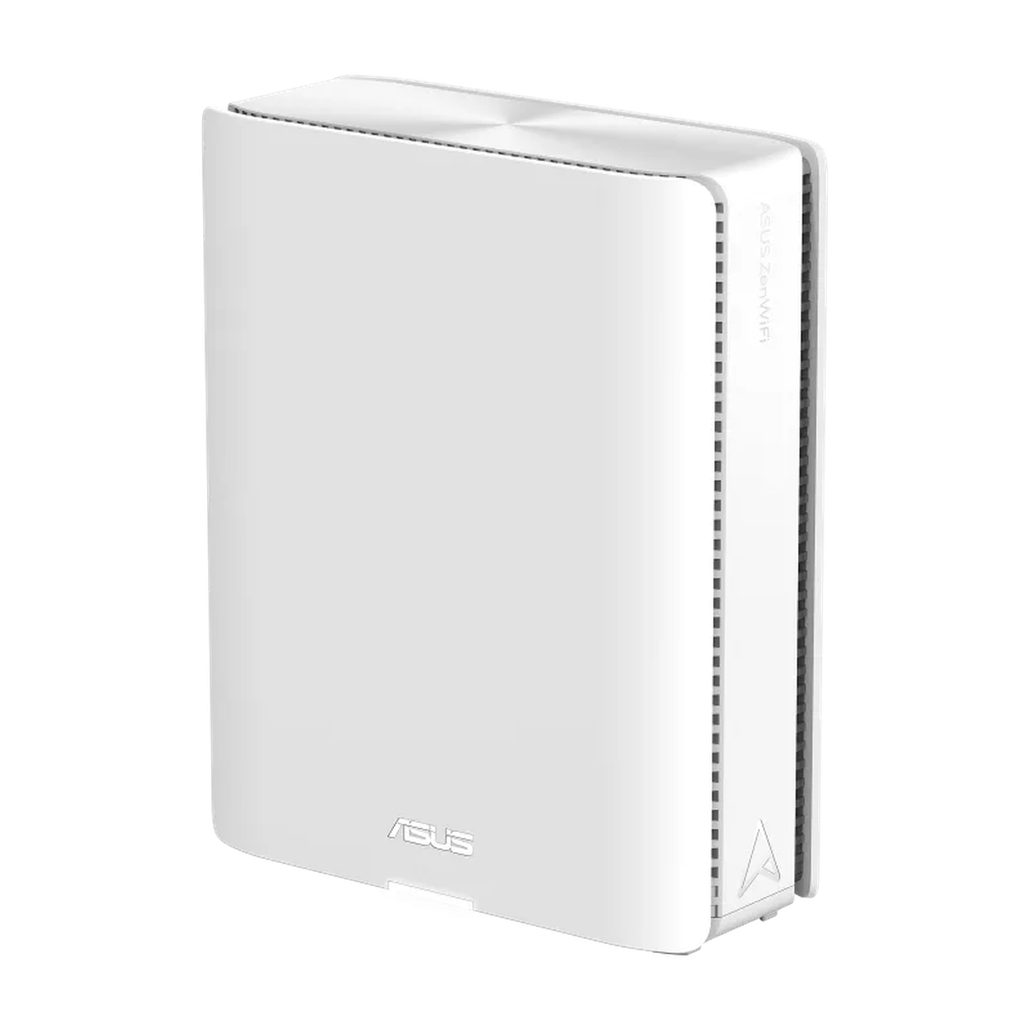 Un routeur Asus ZenWiFi blanc avec le logo Asus. Il est rectangulaire avec des bords arrondis et un fond sombre.