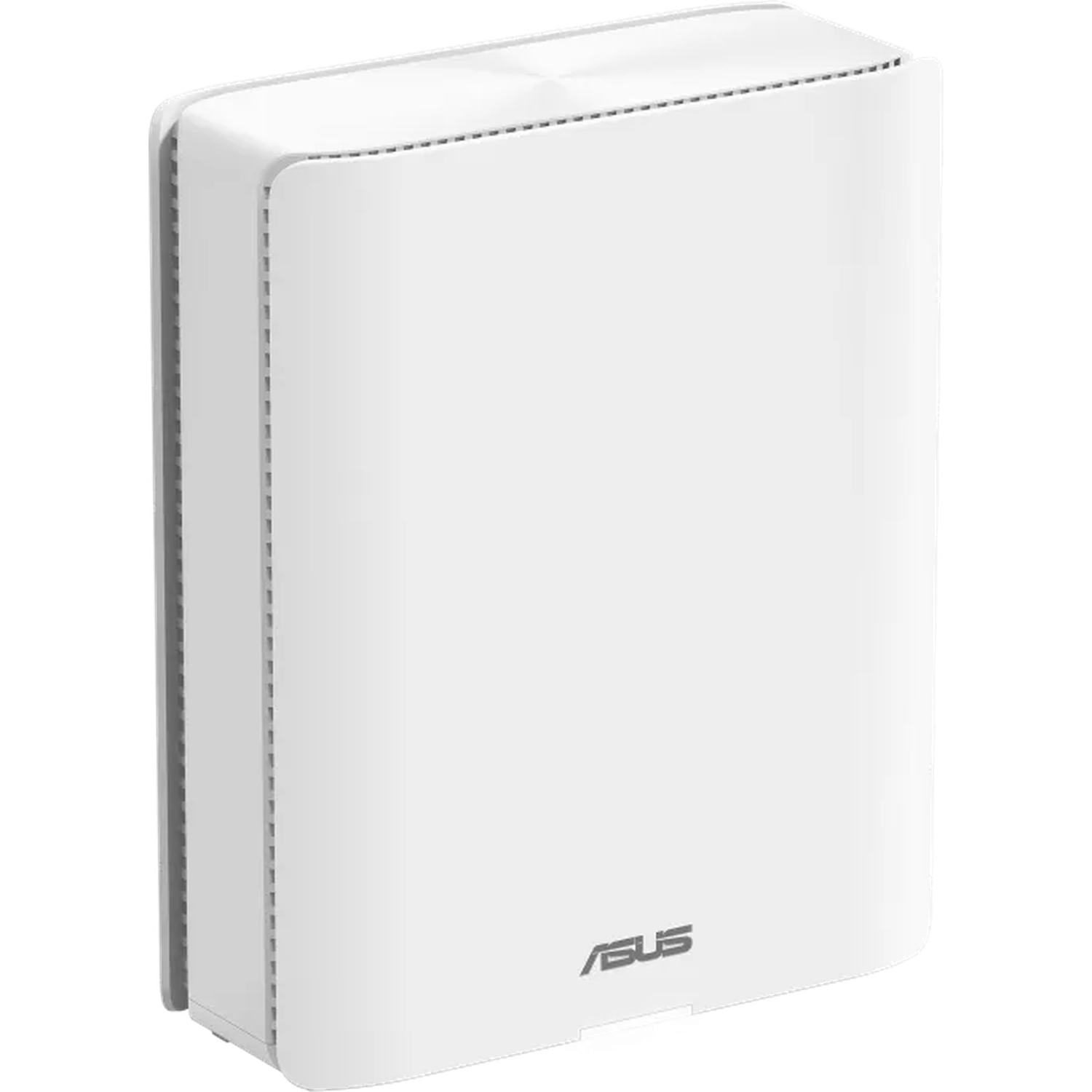 Un routeur ASUS blanc de forme rectangulaire. Le logo ASUS est en bas. Les côtés présentent un motif rayé.