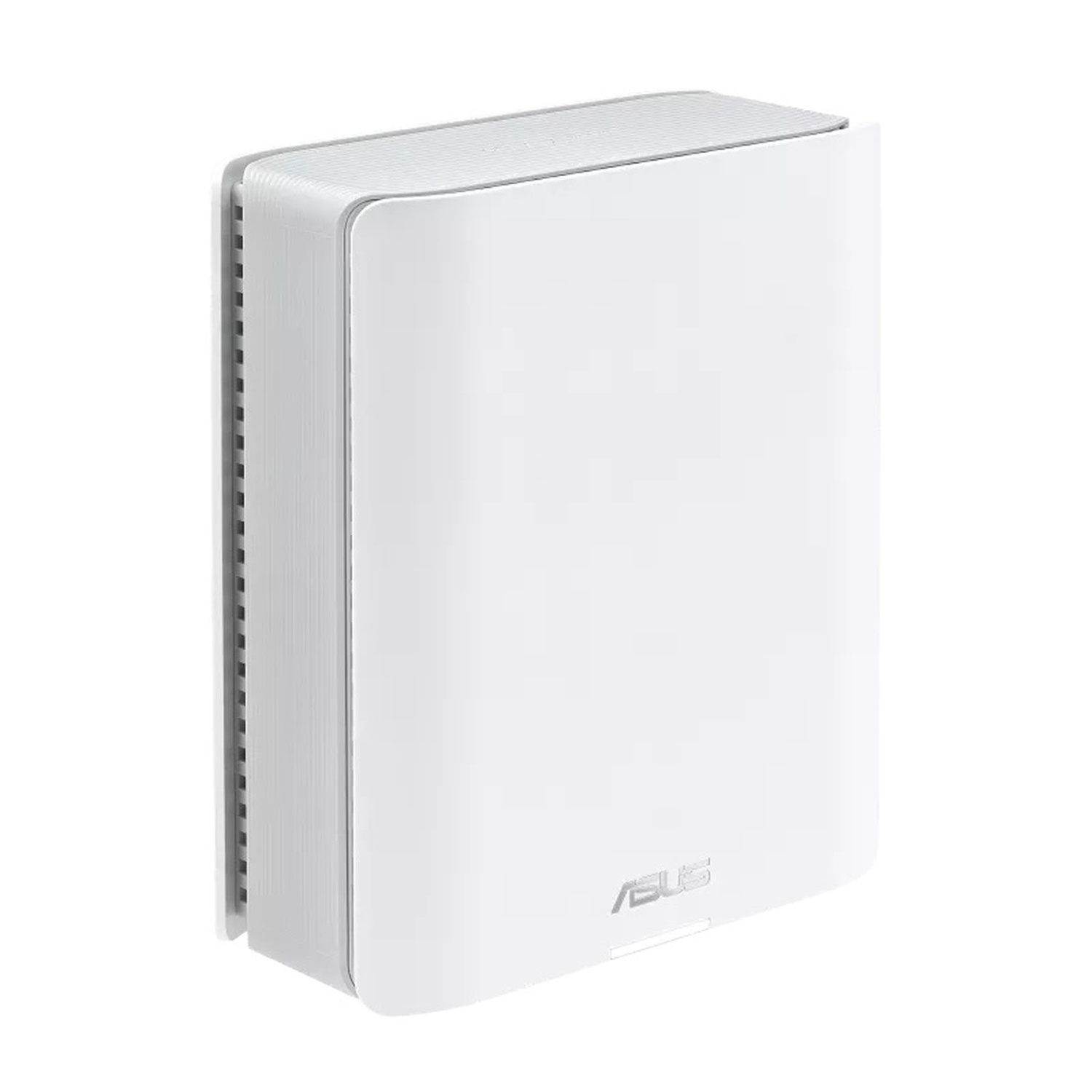 Un appareil ASUS blanc, probablement un routeur, est debout. Il a une face avant lisse, un dessus texturé et un côté gris avec des fentes d'aération.