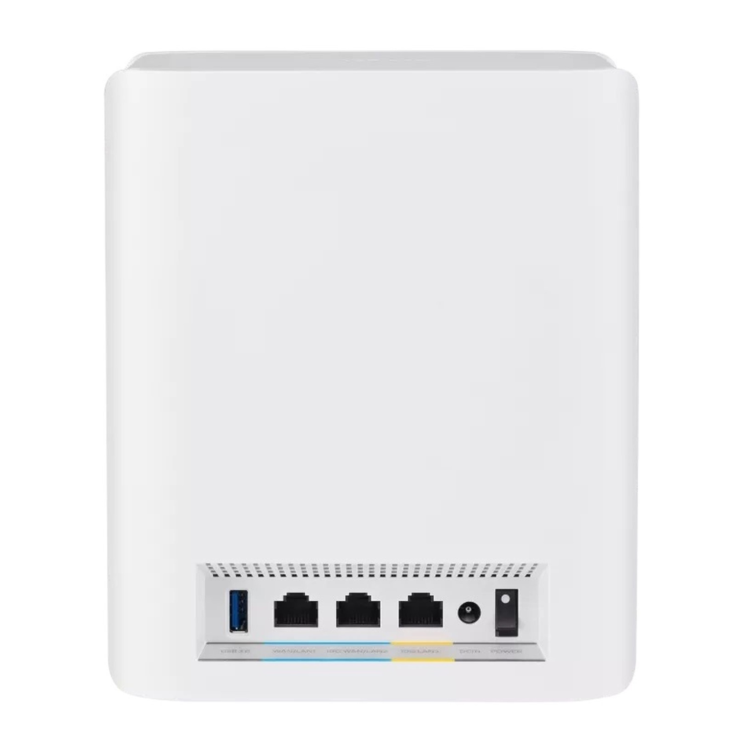 Routeur blanc avec ports USB, WAN/LAN et alimentation. Les ports sont étiquetés. Le routeur a une forme rectangulaire arrondie.