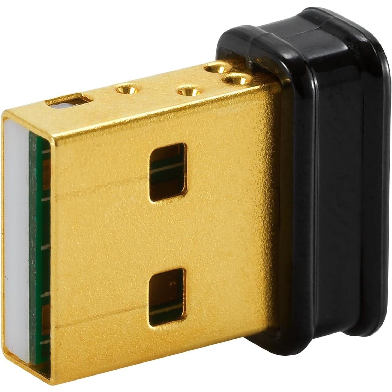 Un adaptateur USB doré avec un capuchon noir. La section dorée a un intérieur blanc et vert et deux trous rectangulaires.