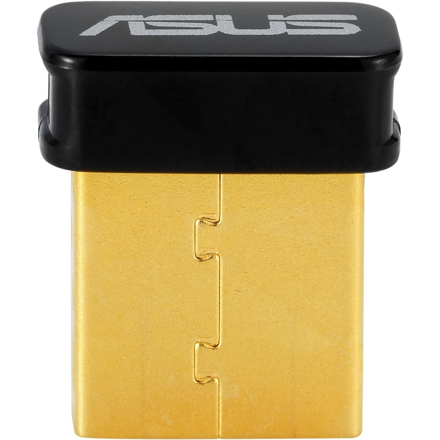 Une petite clé USB ASUS noire et dorée. Le dessus noir porte le logo ASUS en argent. Le dessous est de couleur or.