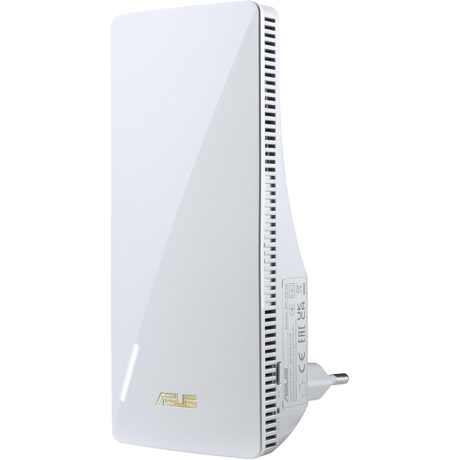 Répéteur ASUS RP-BE58 blanc. Il a une prise européenne, des fentes d'aération et le logo ASUS doré.
