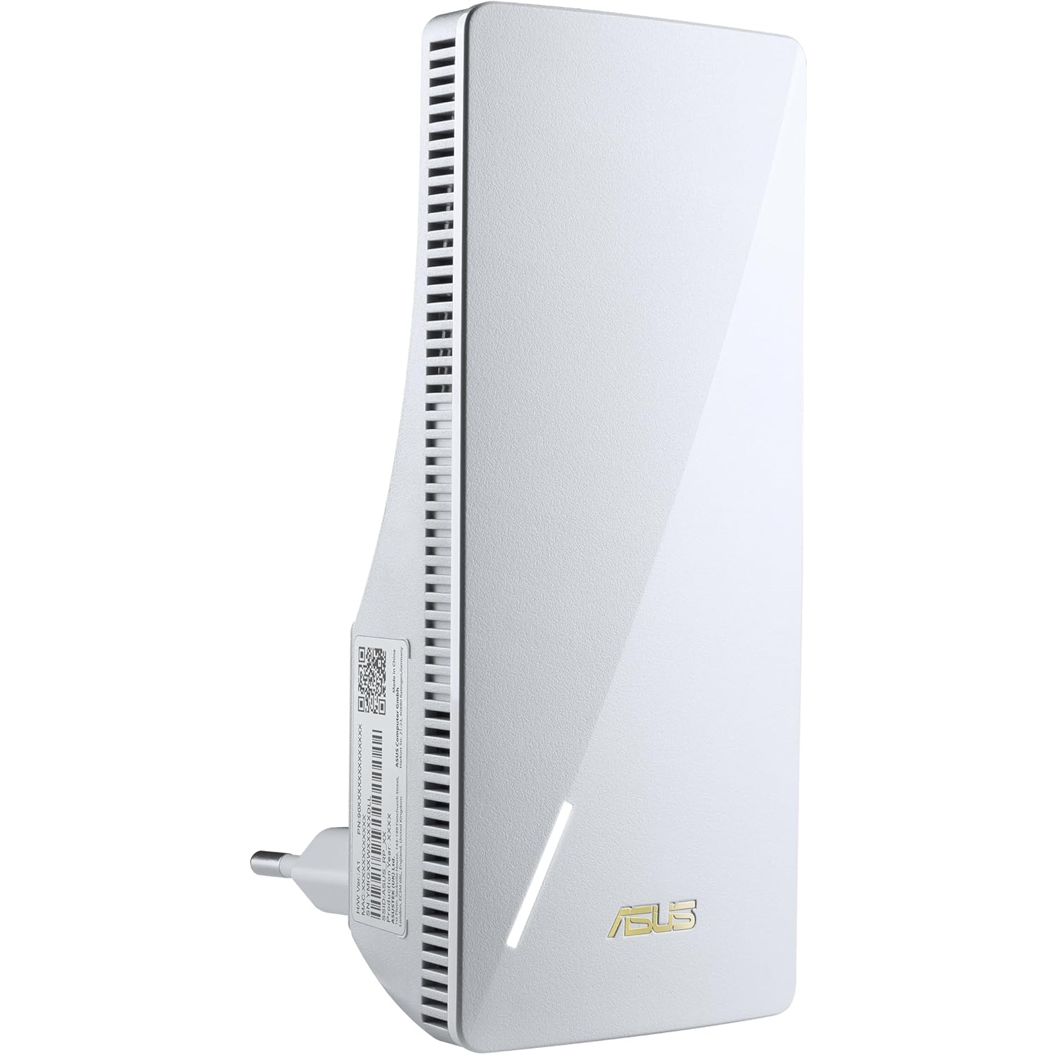 Un amplificateur de portée ASUS blanc avec une prise. L'appareil a un design élégant avec des ouvertures et un logo.