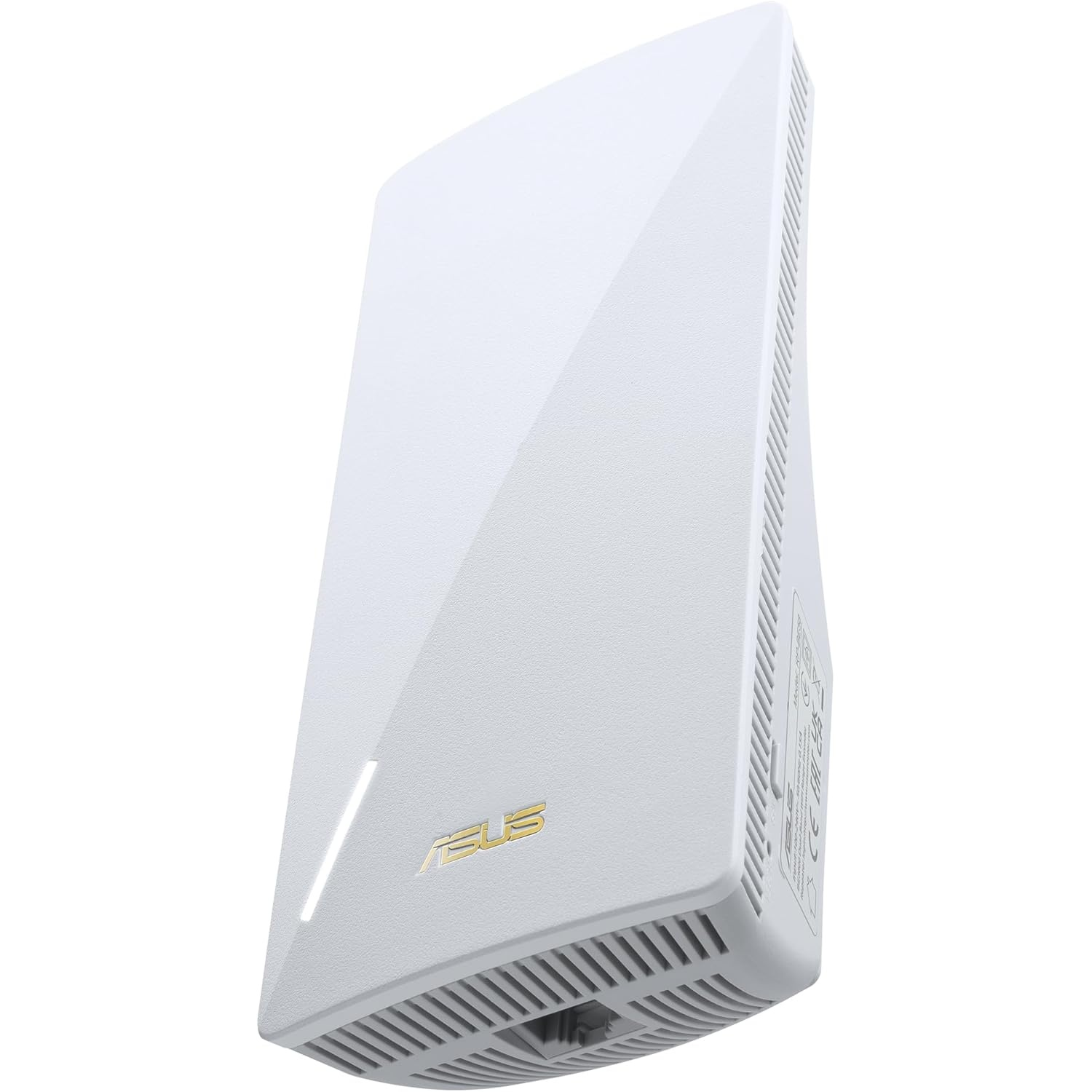 Routeur ASUS blanc. Vue en angle, montrant l'avant avec une bande lumineuse, logo doré et ventilation. Fond blanc uni.