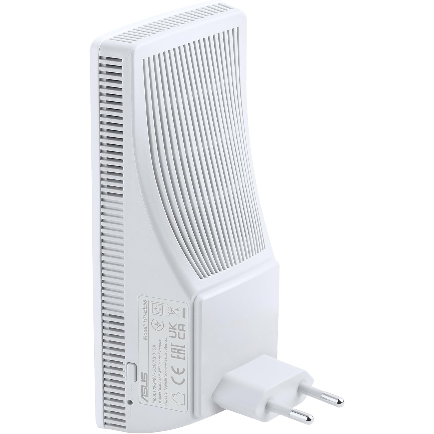 Un amplificateur de portée WiFi ASUS RP-BE58 blanc. Il possède une prise et un corps nervuré. L'appareil est sur fond blanc.