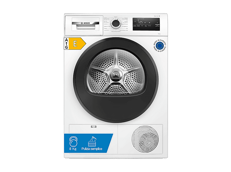 Asciugatrice Bosch Wth85298Ii, a pompa di calore, 8 Kg, profondità 66,5 cm, Easy Clean, Auto Dry, Sistema SensitiveDrying, Classe E