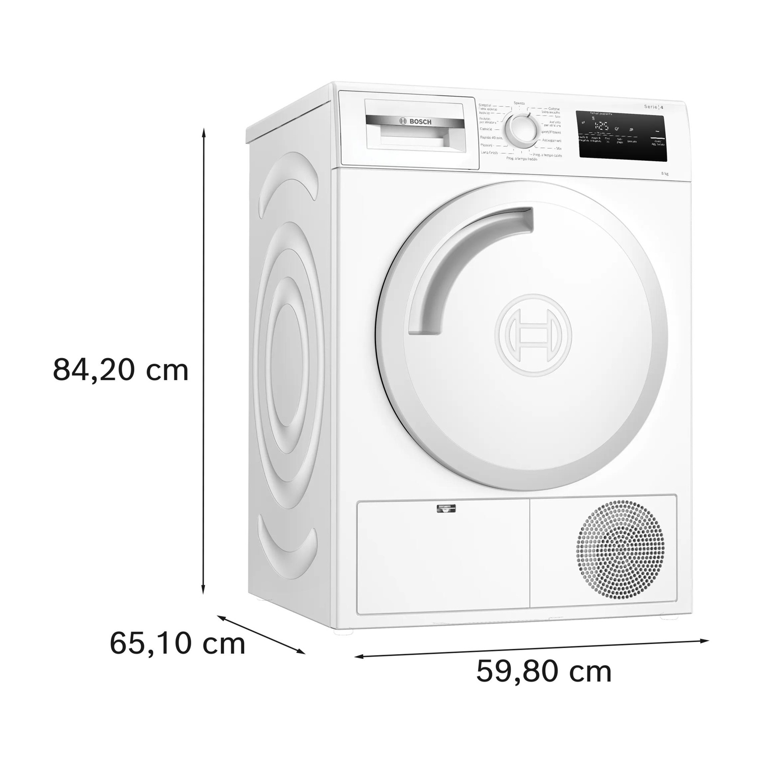 Un'asciugatrice Bosch bianca. Ha una porta rotonda, un pannello di controllo con impostazioni e dimensioni: 84,20 cm di altezza, 65,10 cm di profondità e 59,80 cm di larghezza.