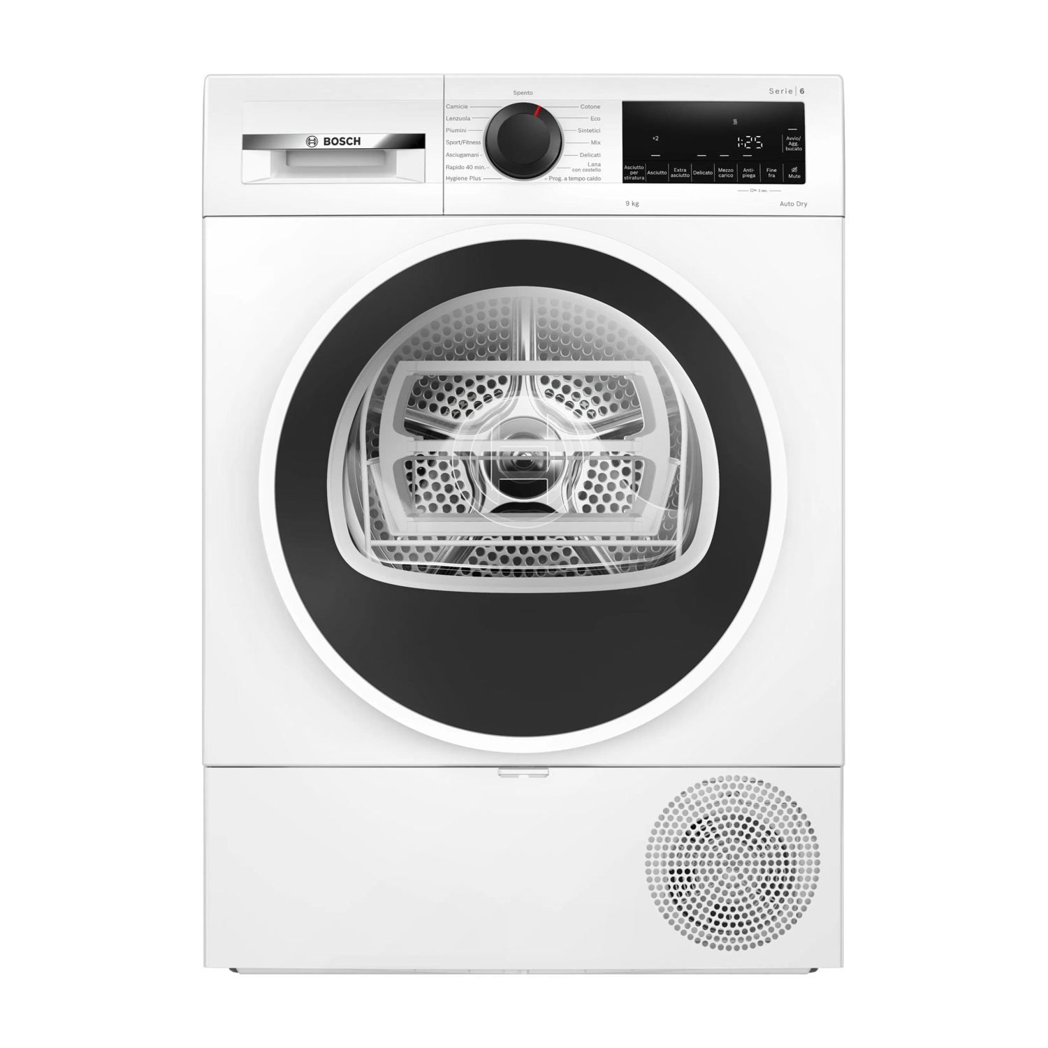 Un'asciugatrice Bosch bianca. Ha una porta e un pannello di controllo neri. Le etichette includono 'Cotone', 'Eco', 'Delicati' e 'Auto Dry'.