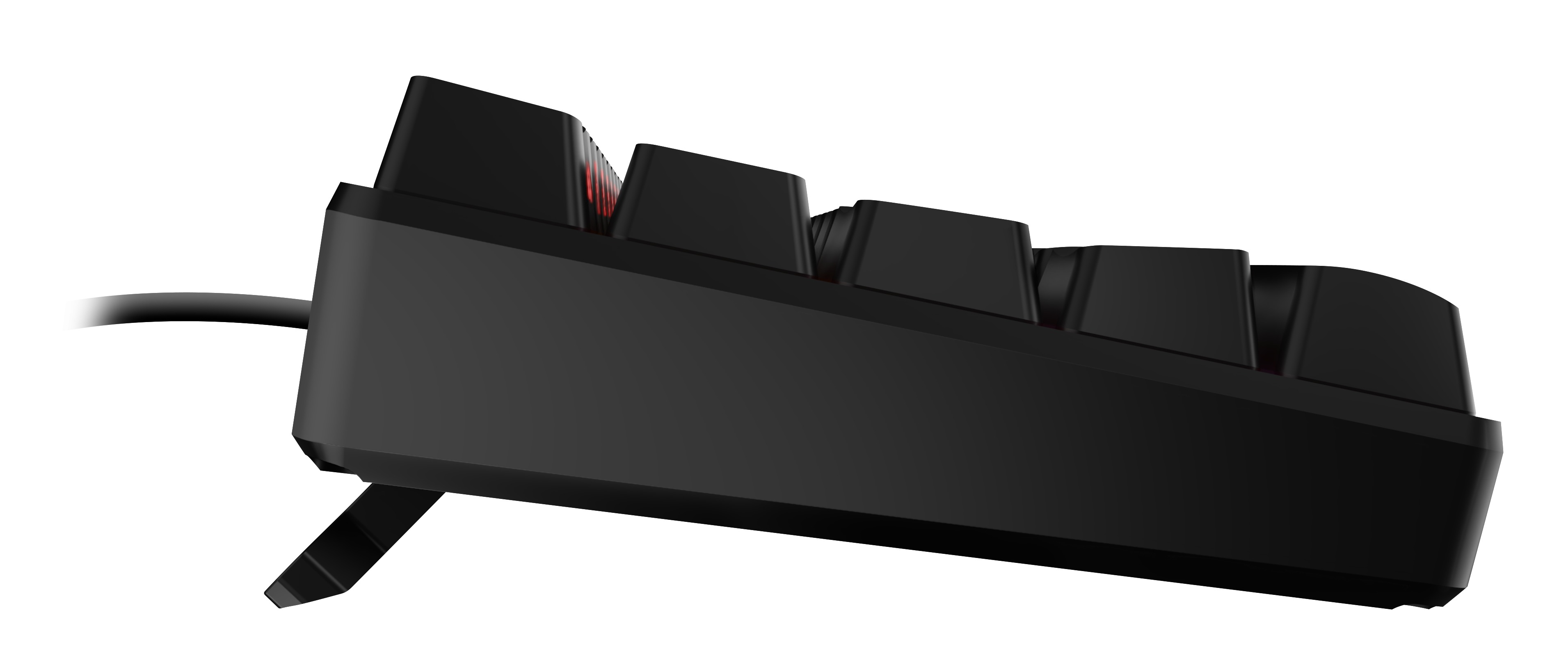 Seitenansicht einer schwarzen Tastatur. Tasten sind sichtbar, mit rotem Licht darunter. Ein schwarzes Kabel geht von der Tastatur aus.