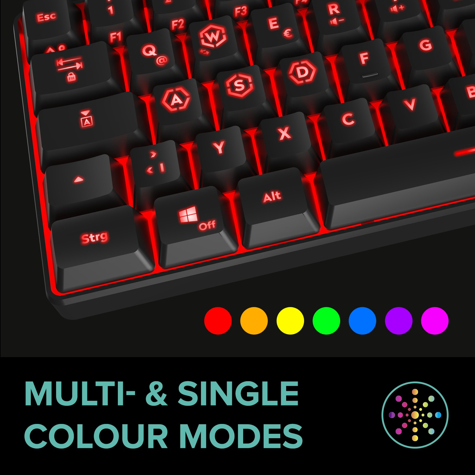 Schwarze Tastatur mit rot beleuchteten Tasten. Sie hat Mehrfarbmodi. Farben werden unten gezeigt.