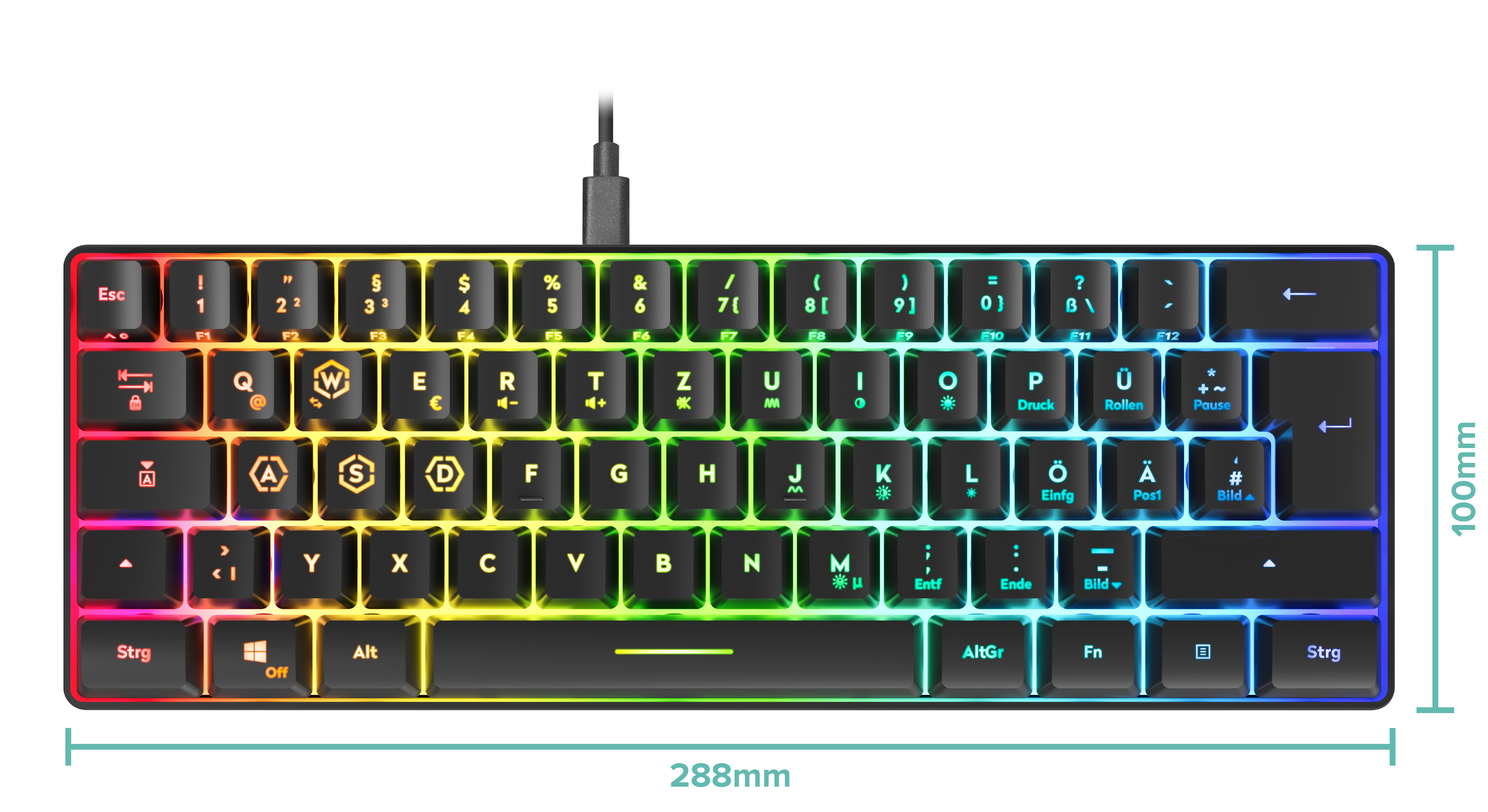 Eine schwarze mechanische Tastatur mit Regenbogen-LED-Hintergrundbeleuchtung. Tasten mit weißen Zeichen. Mit USB-Kabel.