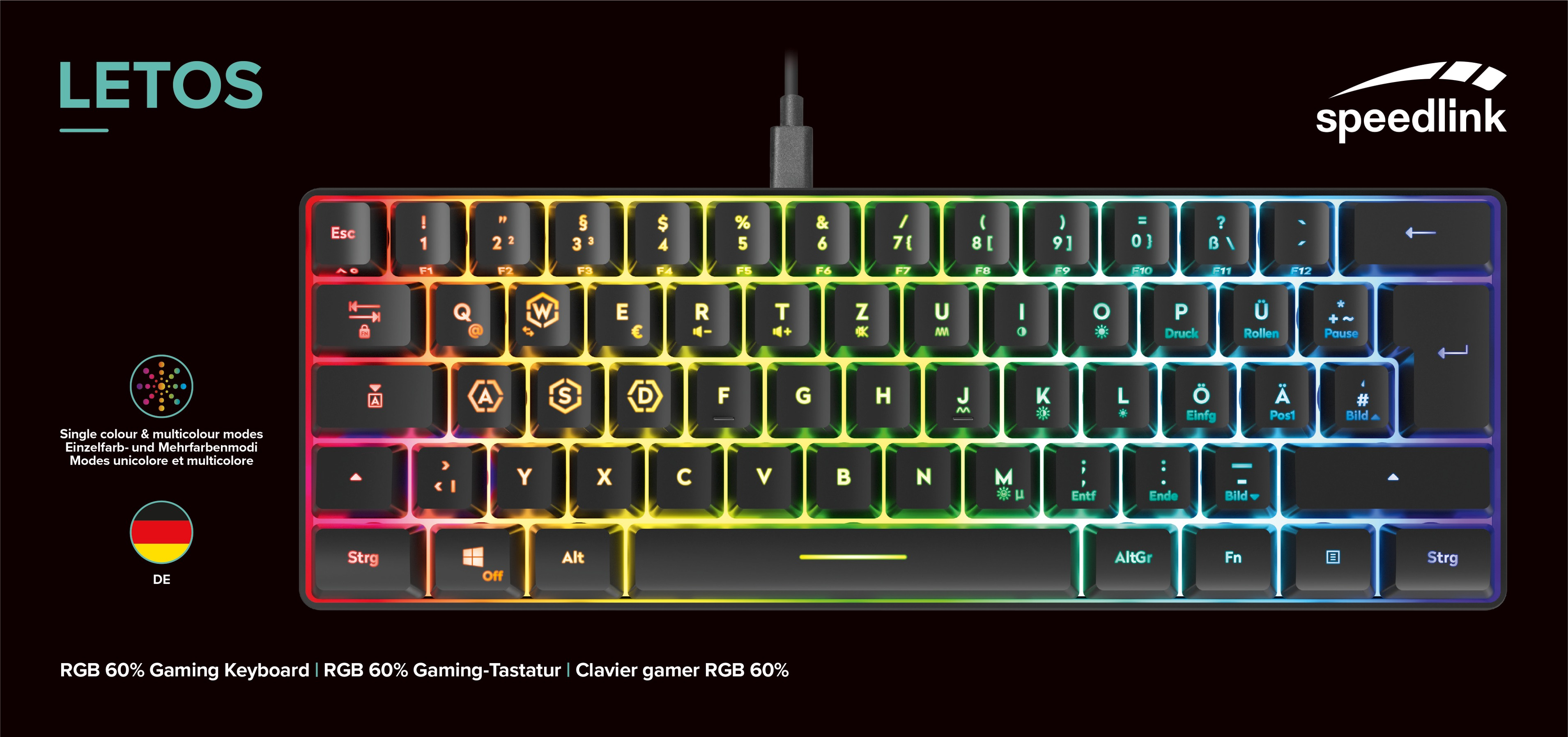 Eine 60% RGB-Gaming-Tastatur mit schwarzen Tasten, Regenbogenbeleuchtung und Speedlink-Logo auf schwarzem Grund.
