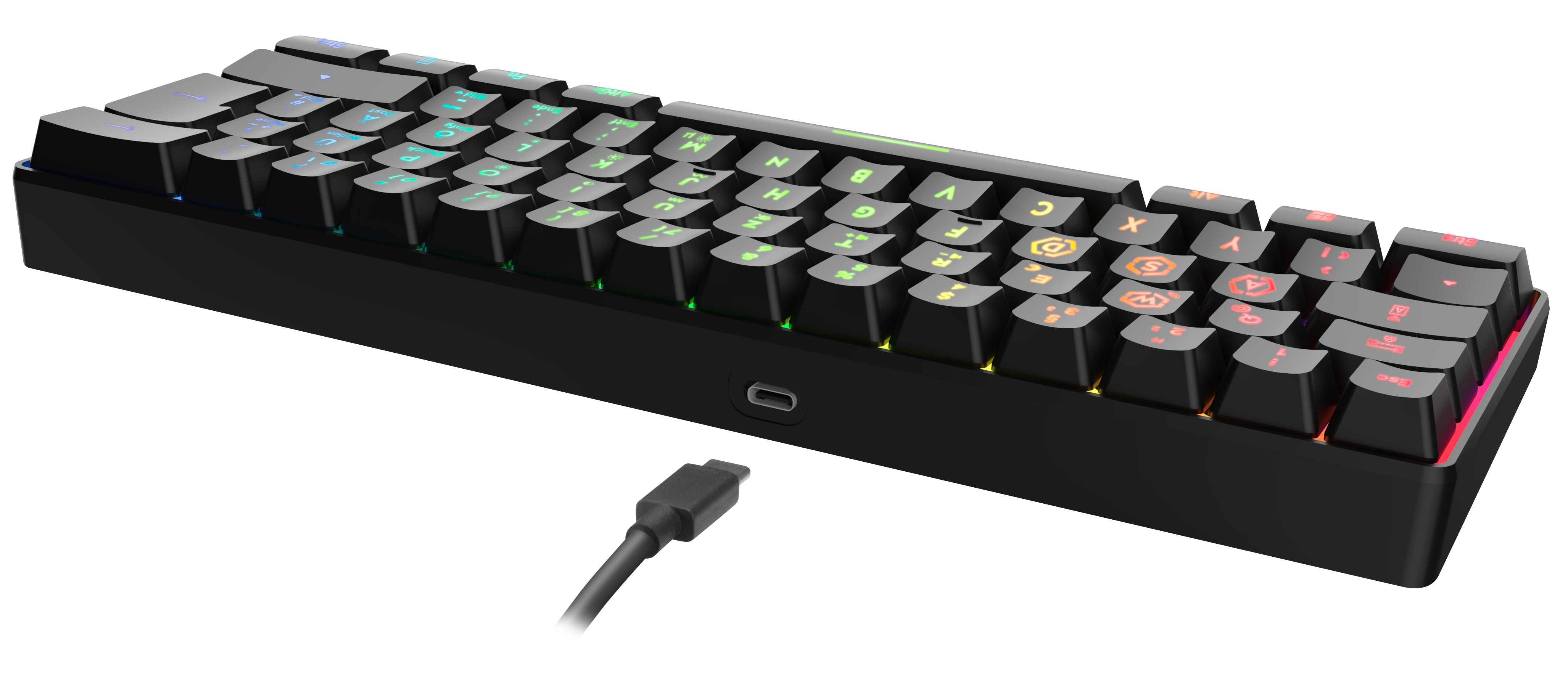 Eine schwarze mechanische Tastatur mit beleuchteten Tasten. Ein USB-C-Kabel ist angeschlossen. Tasten sind beschriftet.