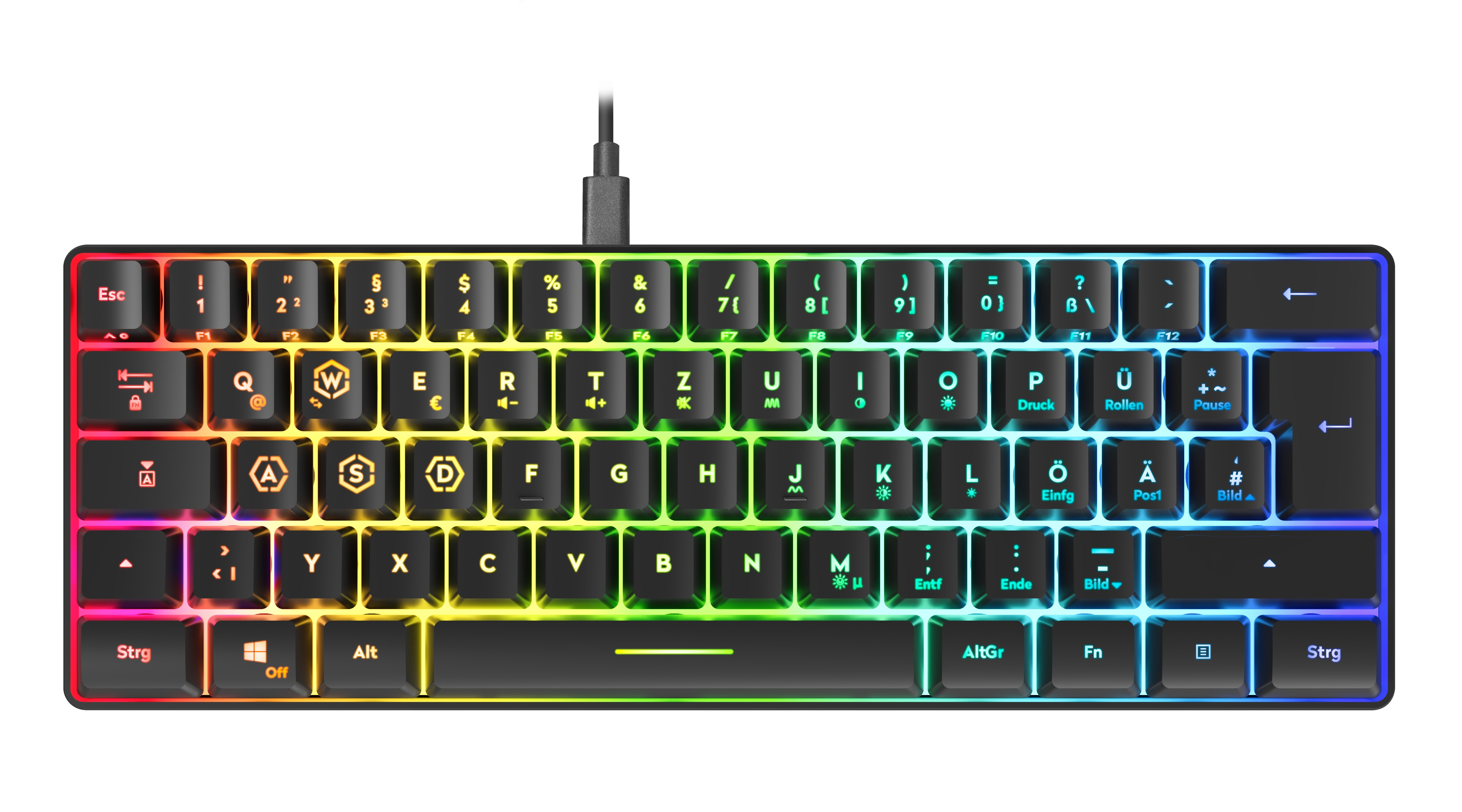 Eine schwarze, kompakte Tastatur mit farbigen, hinterleuchteten Tasten und einem USB-Kabel.