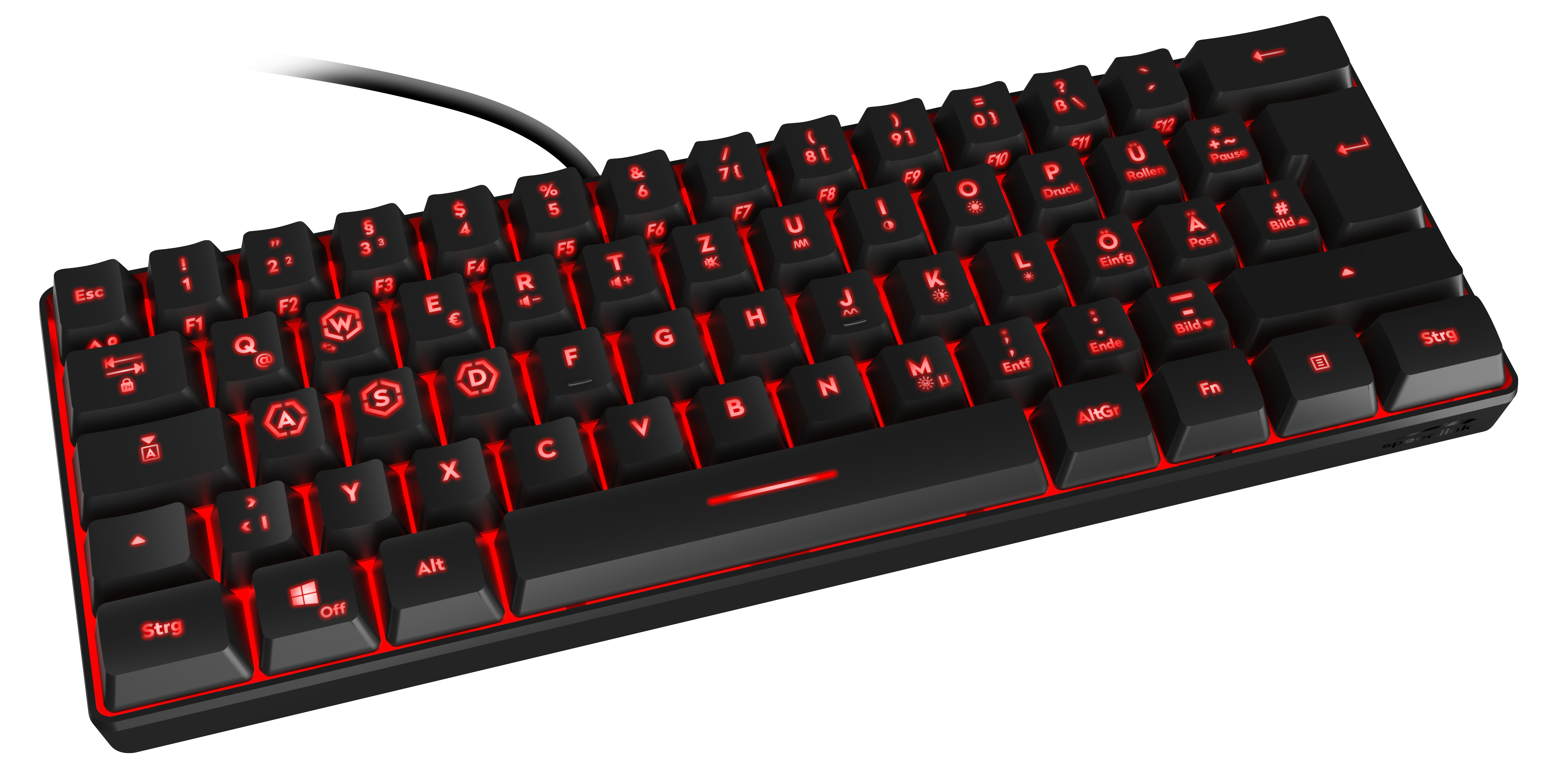 Eine schwarze, kompakte Tastatur mit roten Hintergrundbeleuchtungstasten. Buchstaben und Symbole sind sichtbar.