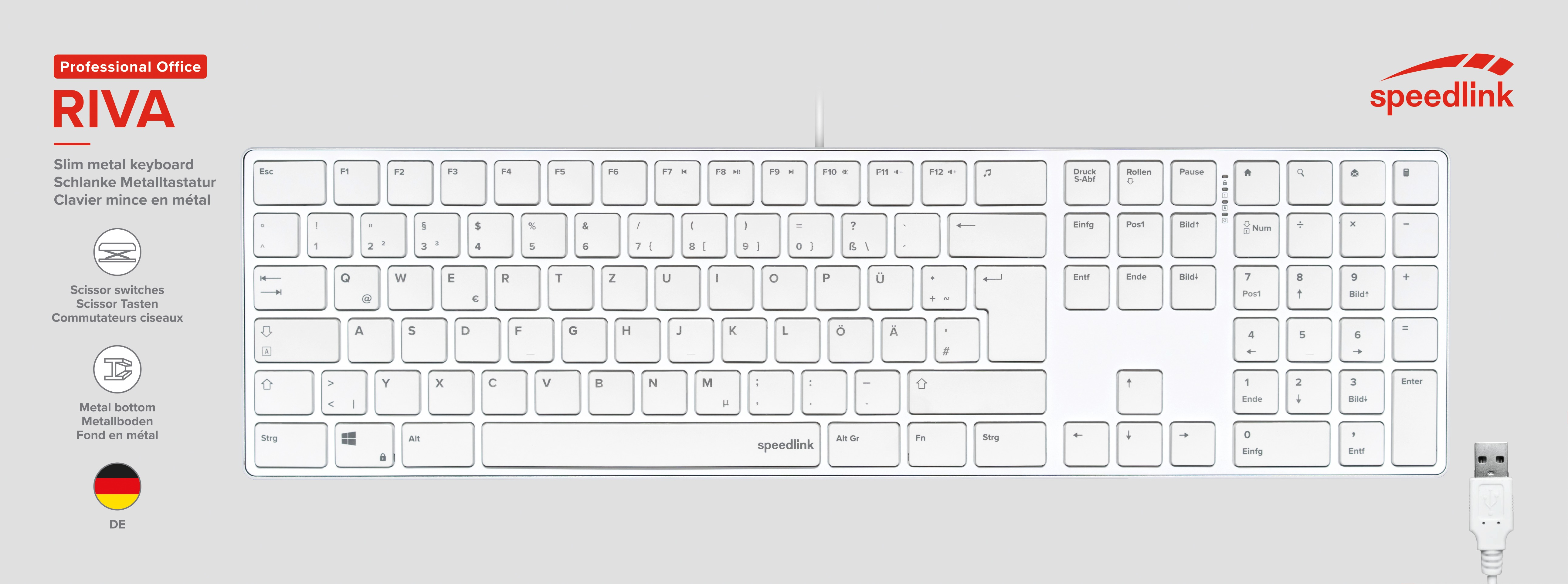Weiße Tastatur mit schwarzen Tasten. Die Tastatur hat ein USB-Kabel und das Speedlink-Logo.
