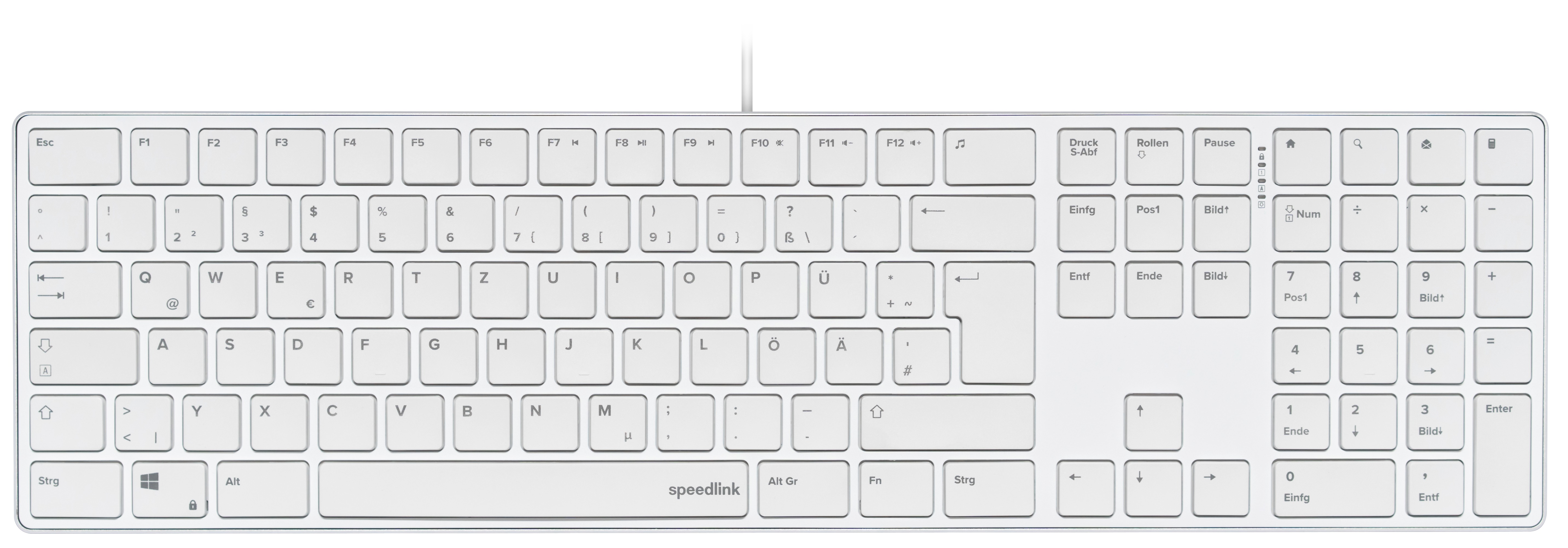 Eine weiße Computertastatur mit schwarzen Buchstaben und Zahlen. Die Tasten sind in einem Standard-QWERTZ-Layout angeordnet.