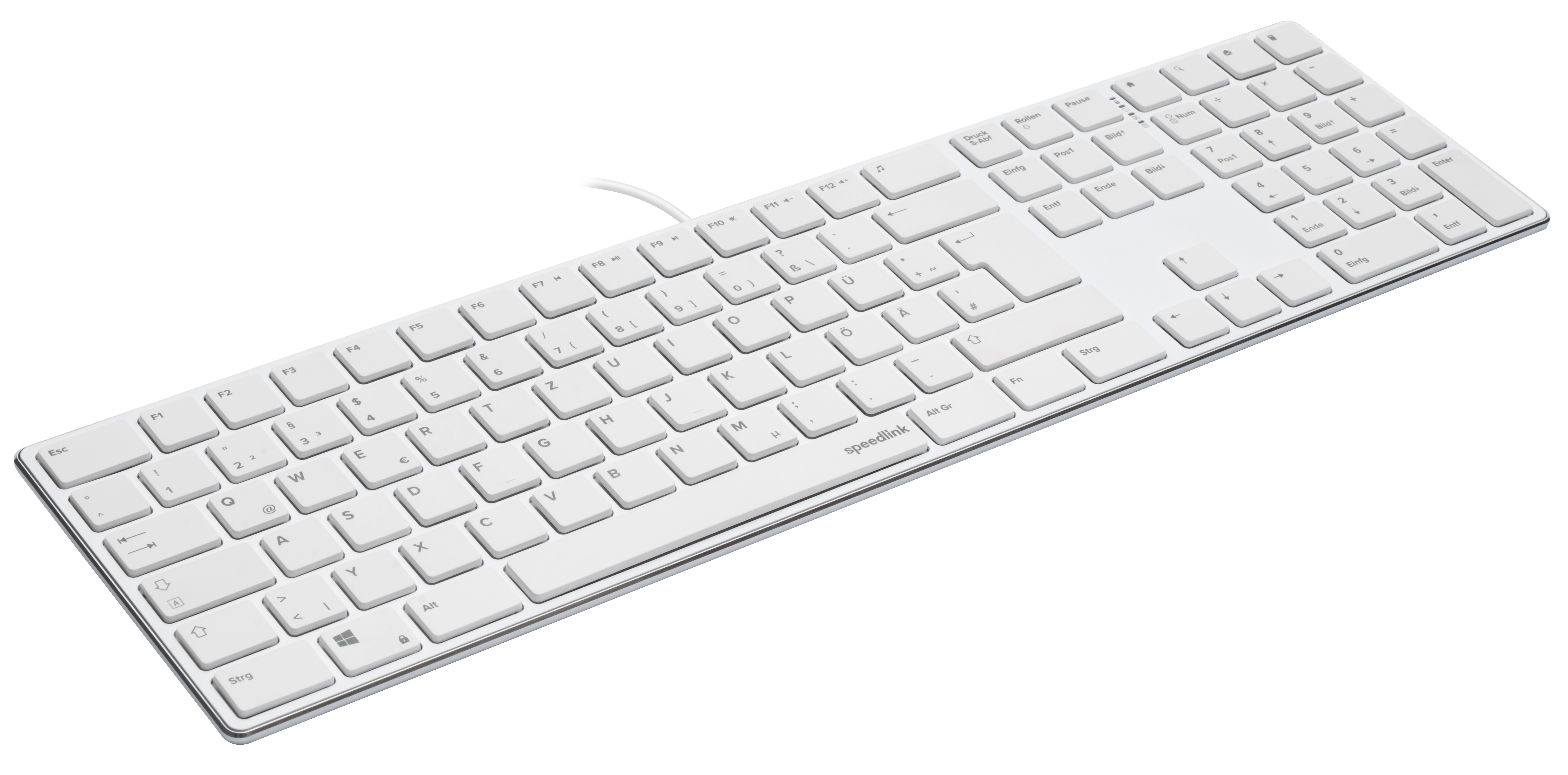 Eine weiße Speedlink-Tastatur mit weißen Tasten. Die Tasten zeigen Buchstaben, Zahlen und Symbole.