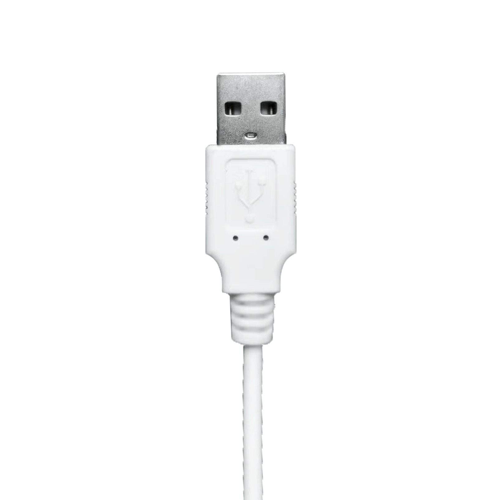Ein weißes USB-Kabel mit silbernem Stecker. Das Kabel vor weißem Hintergrund.