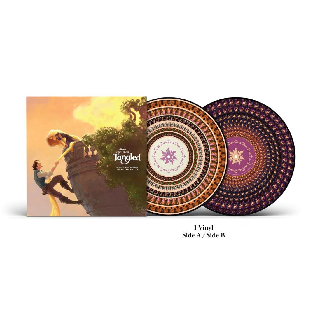 Tangled Vinyl-Album. Cover: Rapunzel und Flynn. Zwei Vinyl-Schallplatten mit dekorativem Design. Text unten: 1 Vinyl Seite A / Seite B.