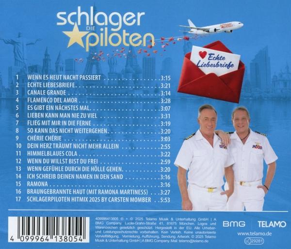 Albumcover mit zwei Männern in Pilotenuniformen, einem Flugzeug, einem roten Umschlag und einer Titelliste.