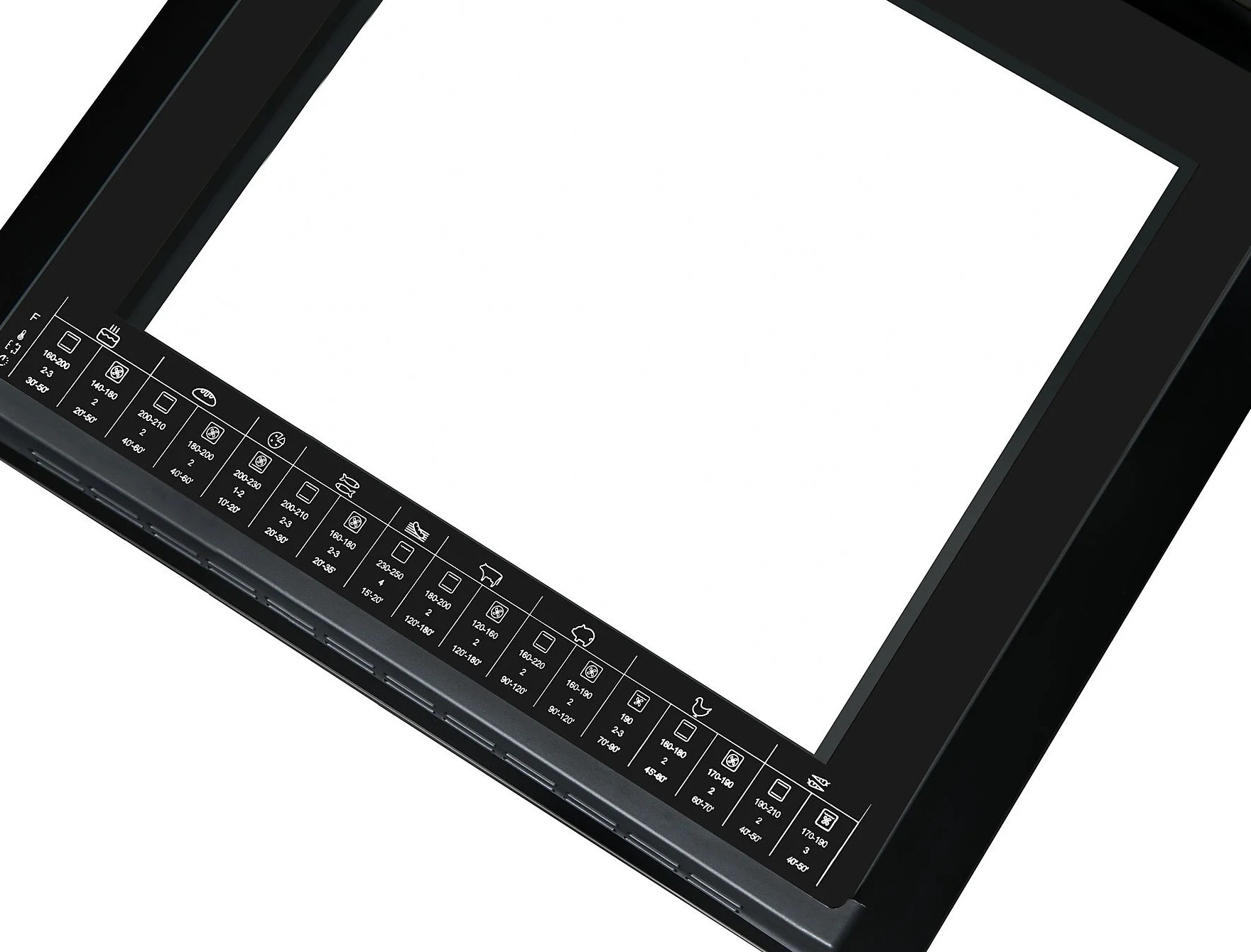 Czarny panel sterowania piekarnika z białymi ikonami i ustawieniami temperatury. Rama drzwi piekarnika jest również czarno-biała.