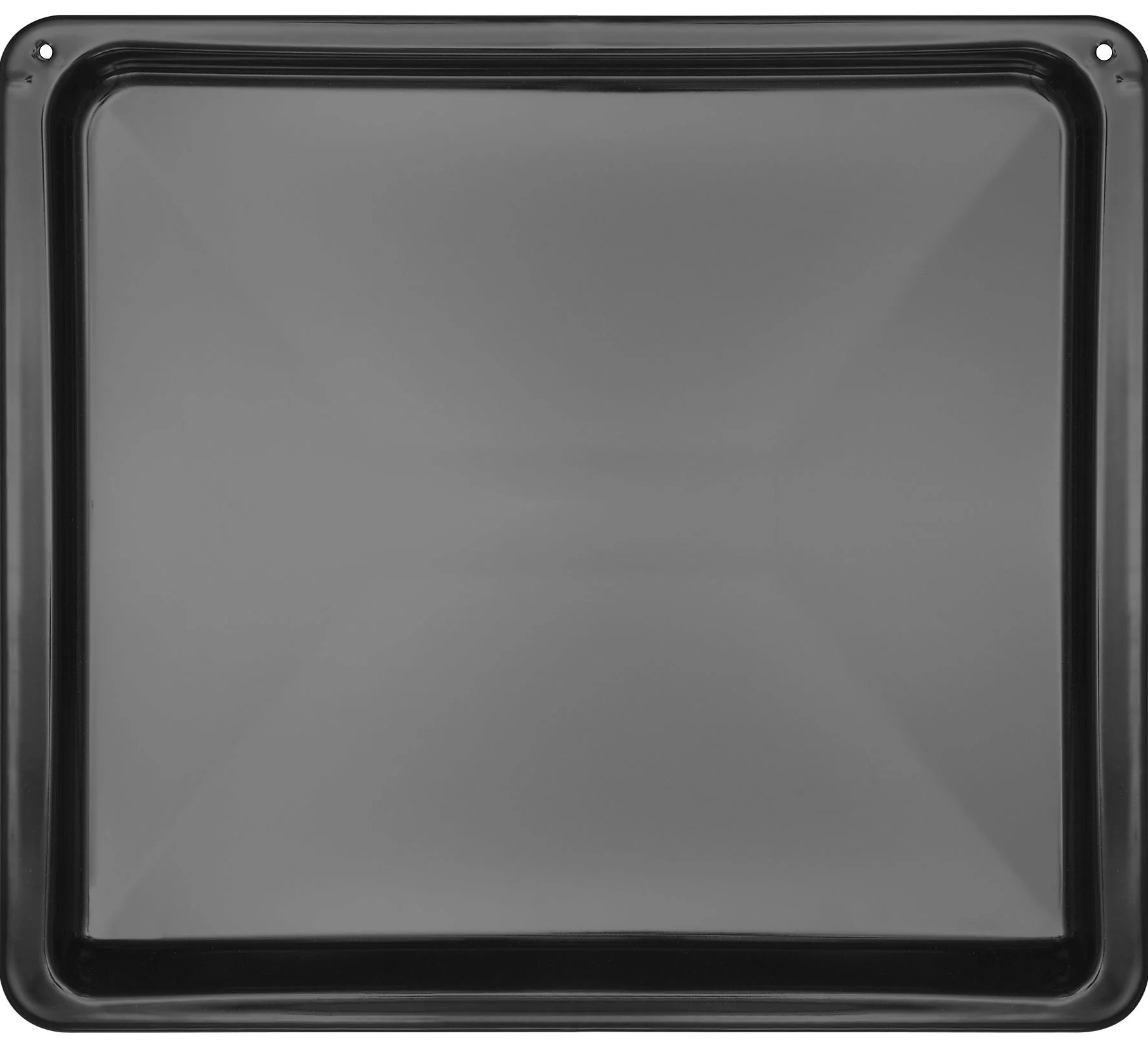 Widok z góry na czarną, prostokątną blachę do pieczenia. Ma zaokrąglone rogi i gładką, odblaskową powierzchnię.