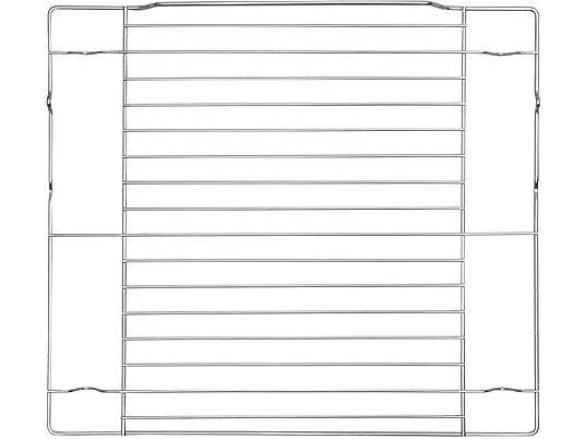Metalowy ruszt piekarnika z poziomymi i pionowymi prętami na białym tle. Ruszt ma prostokątny kształt z zakrzywionymi krawędziami.