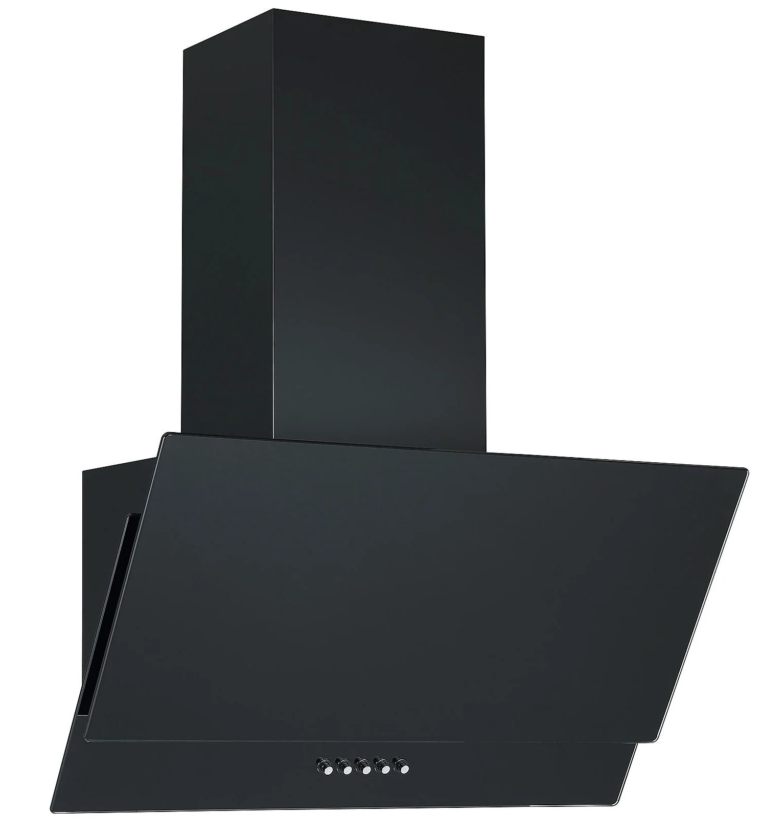 Czarny okap kuchenny na białym tle. Ma prostokątny komin i pochylony przód z czterema przyciskami.