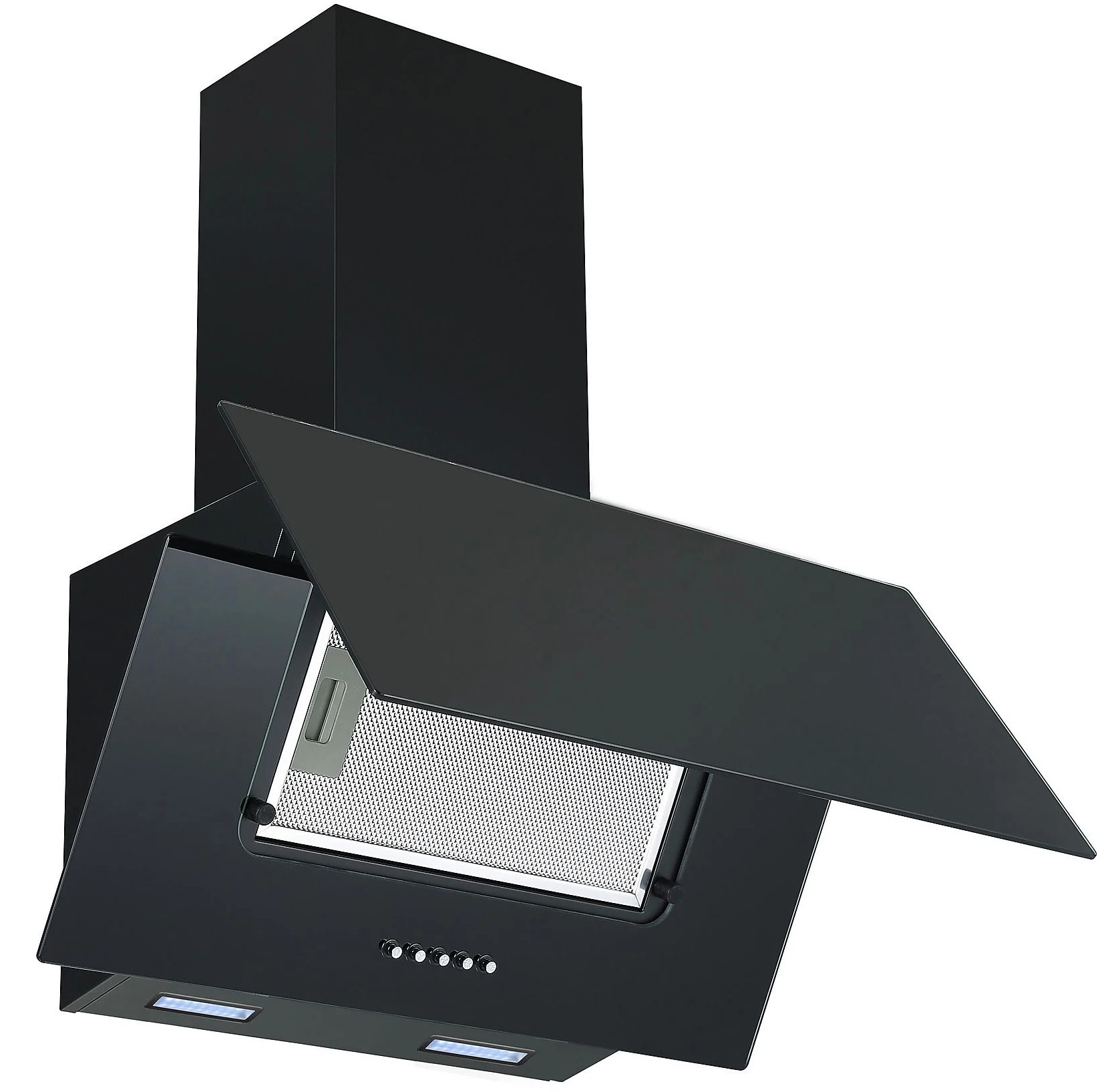 Czarny okap kuchenny z ukośnym przodem. Posiada filtr siatkowy, przyciski sterowania i otwarty, kątowy panel.