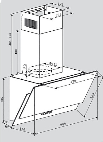 Schemat okapu z wymiarami. Prostokątny korpus z pochylonym panelem przednim. Zawiera wymiary wysokości, szerokości i konkretnych części.