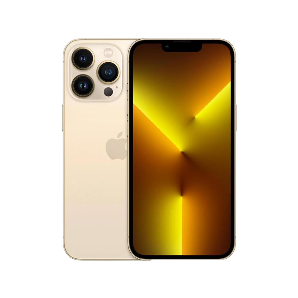 Üç kameralı altın rengi bir iPhone 13 Pro. Ekran, siyah bir arka plan üzerinde sarı bir gradyan gösteriyor.
