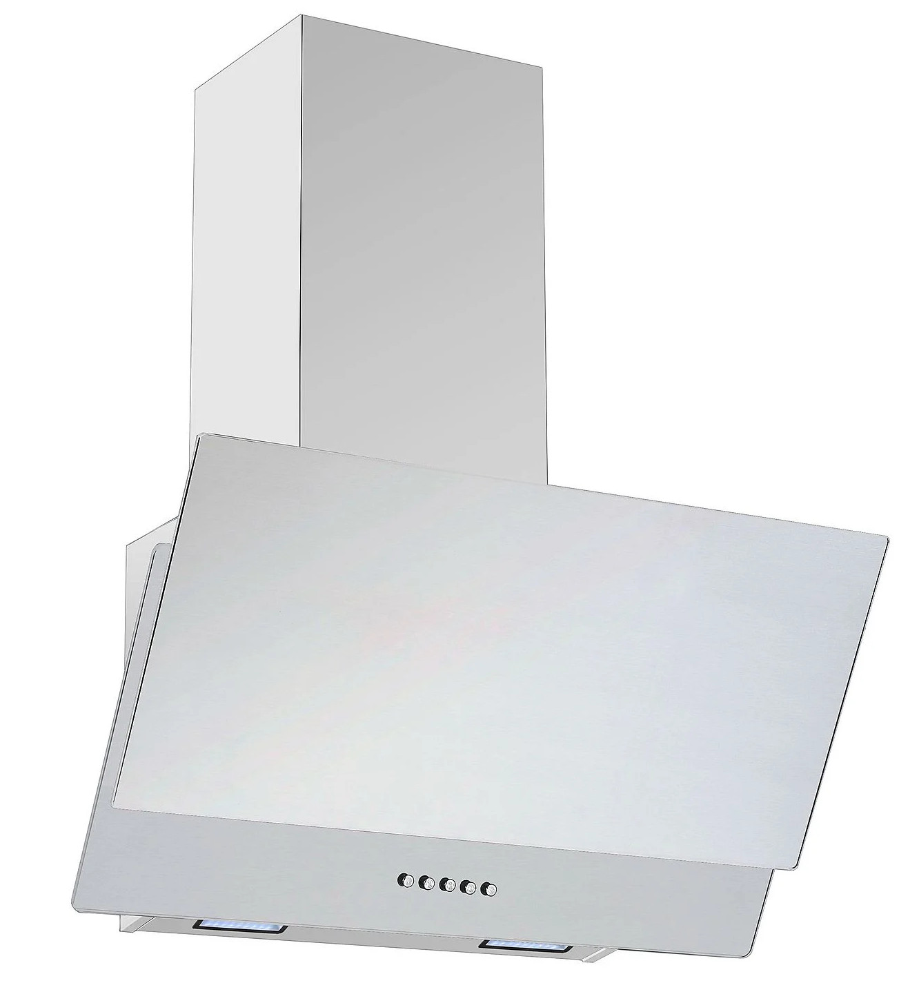 Okap kuchenny ze stali nierdzewnej o prostokątnym kształcie. Ma pochylony panel przedni i pięć przycisków sterujących. Tło jest białe.