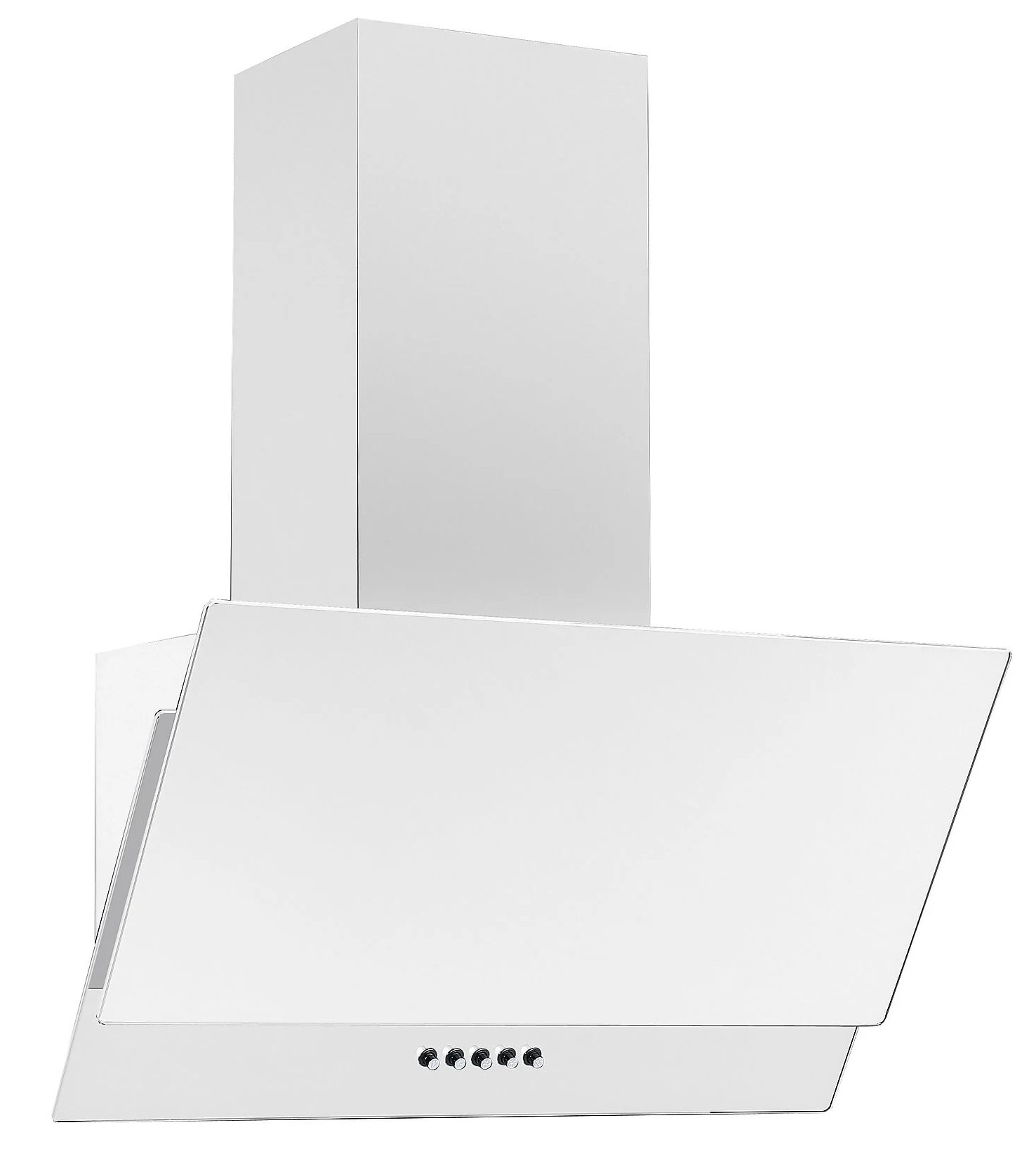 Biały, nowoczesny okap kuchenny. Ma prostokątny komin i pochylony szklany front.