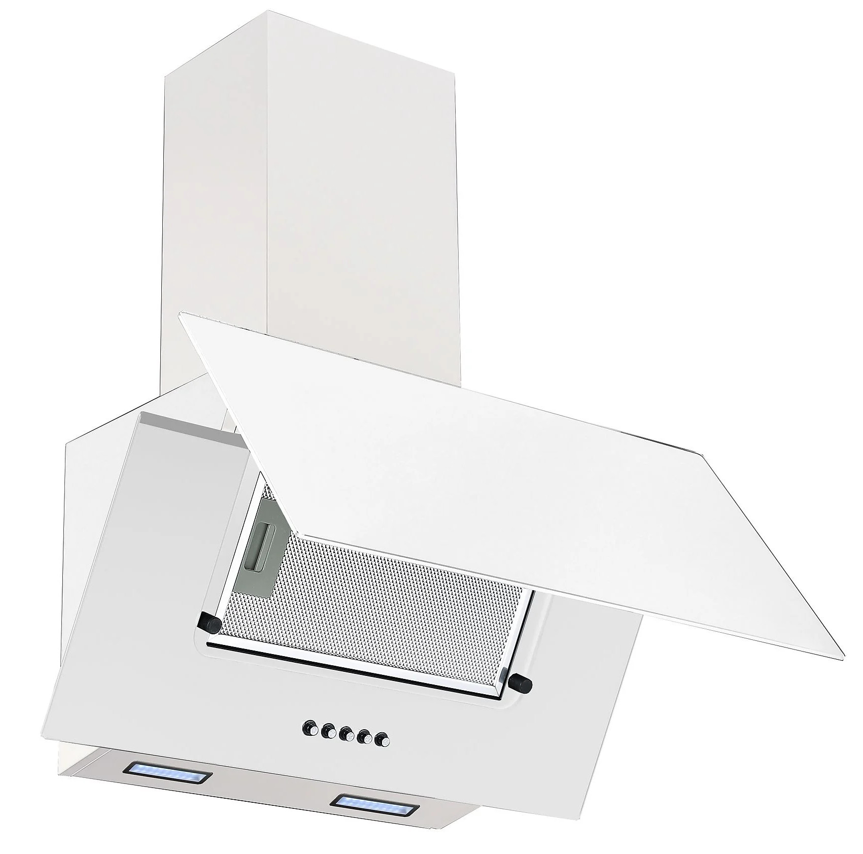 Biały okap kuchenny. Kątowa konstrukcja z filtrem siatkowym, szklanym panelem i przyciskami sterowania. Okap jest czysty i nowoczesny.